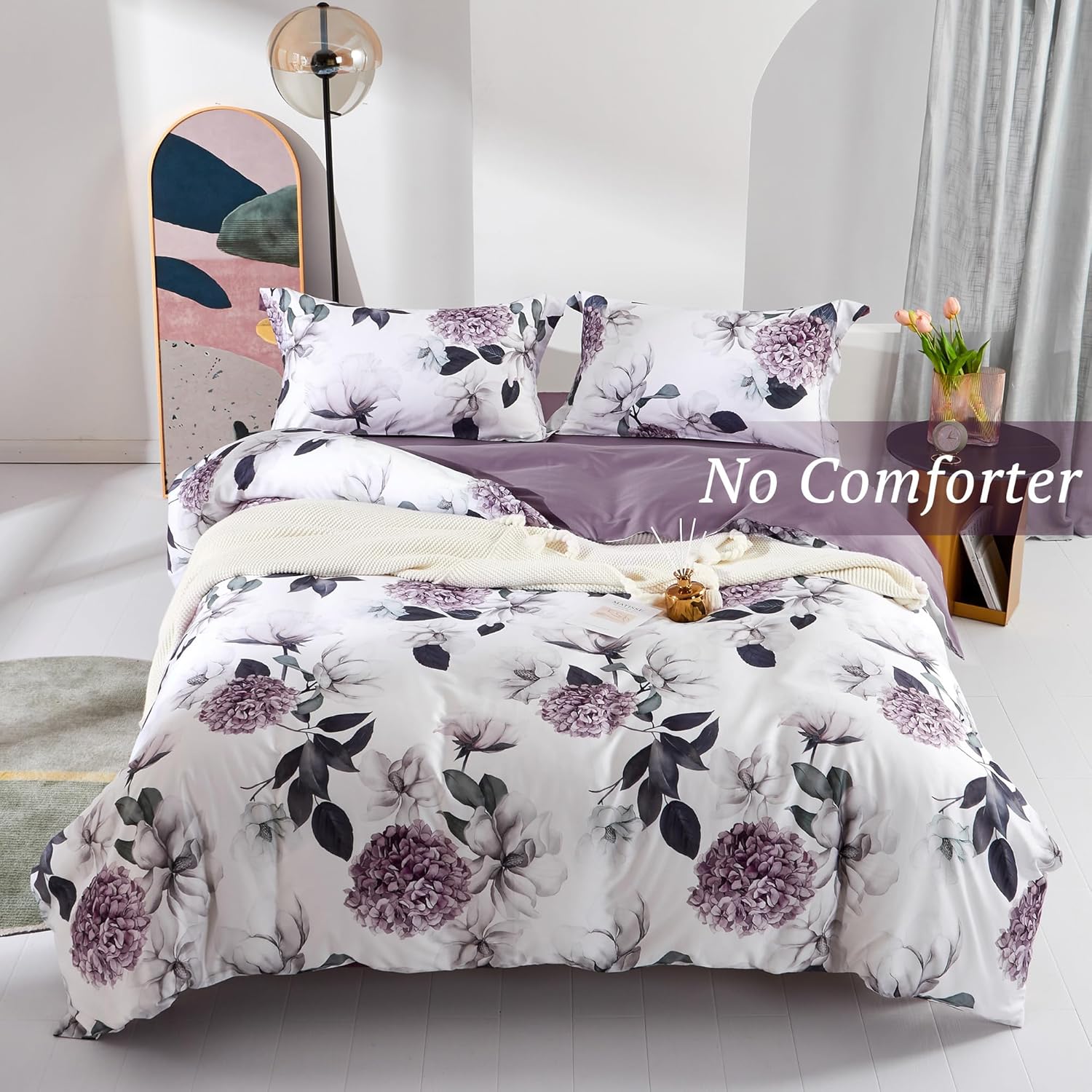 MILDLY 100% Long-Staple Cotton Duvet Cover Set Hydrangea Lotus Flower Pattern Printed Comforter Cover 3pcs, Ultra Soft & Breathable Bedding Set