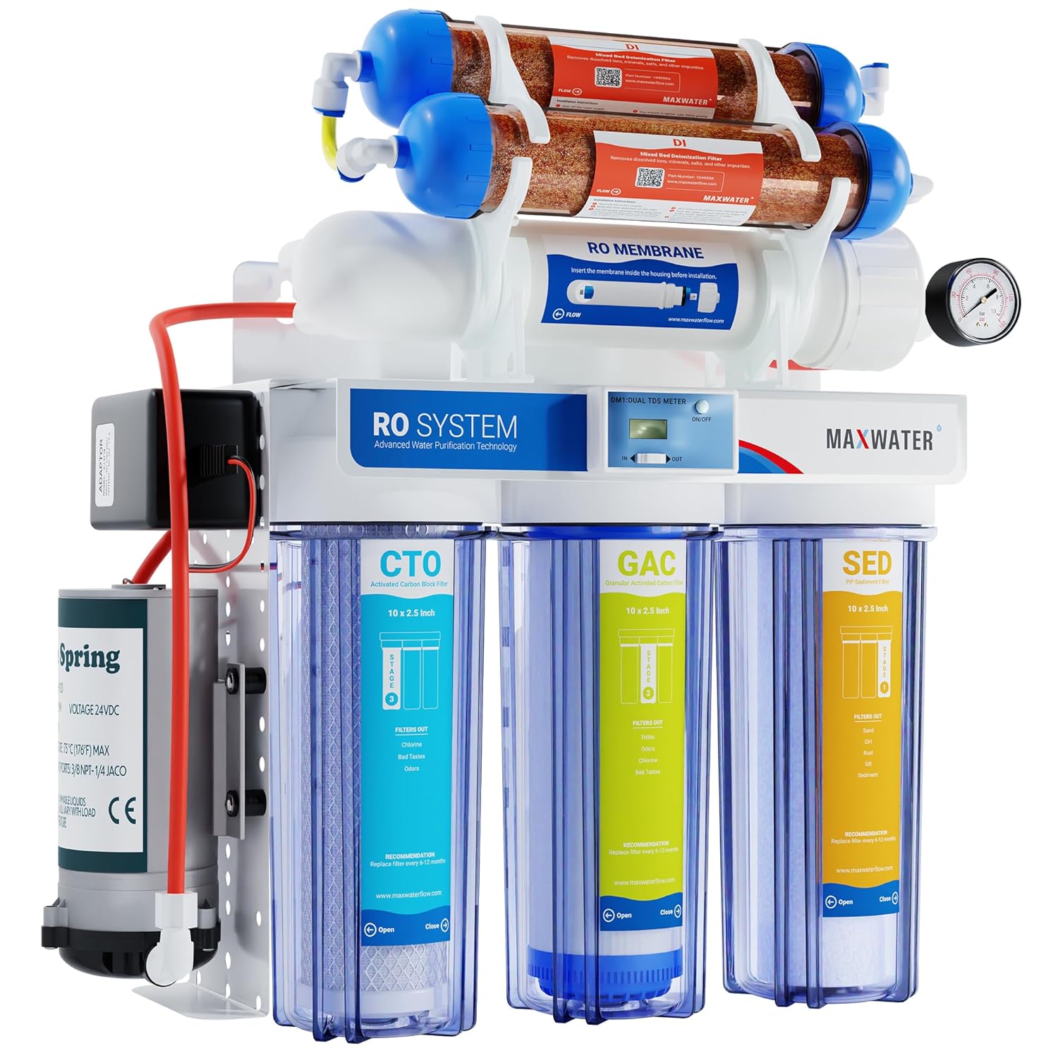 Max Water 6 Stage 200 GPD (Gallon Per Day) RODI (Reverse Osmosis Deionization) Water Filtration System + Digital TDS Meter + Booster Pump for Aquarium