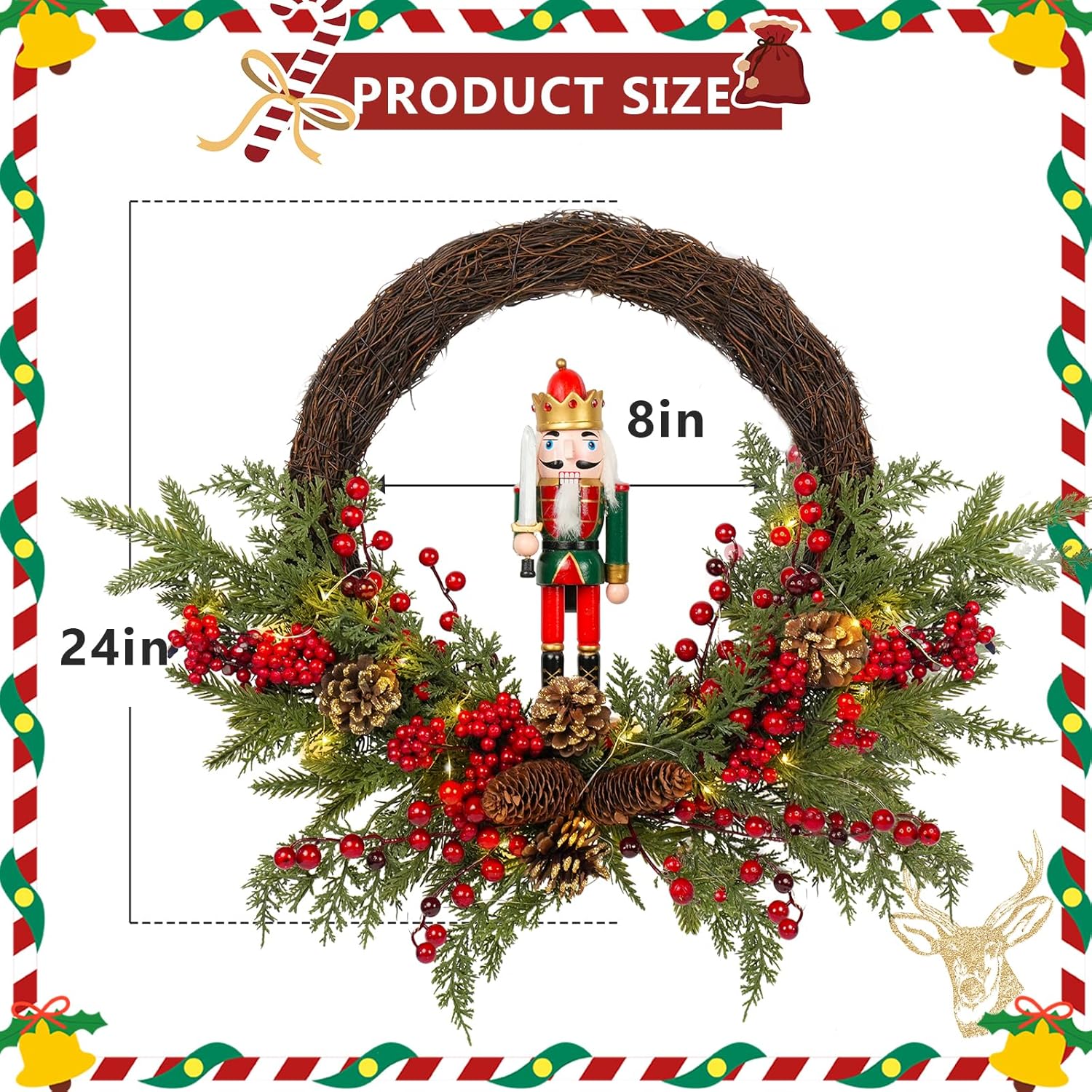 Christmas Wreath Artificial Christmas Nutcracker Wreath with a Nutcracker, Red Berries and Pine Cones, Suitable for Decorating Doors, Windows. (Red Wooden Nutcracker Decor with Light)