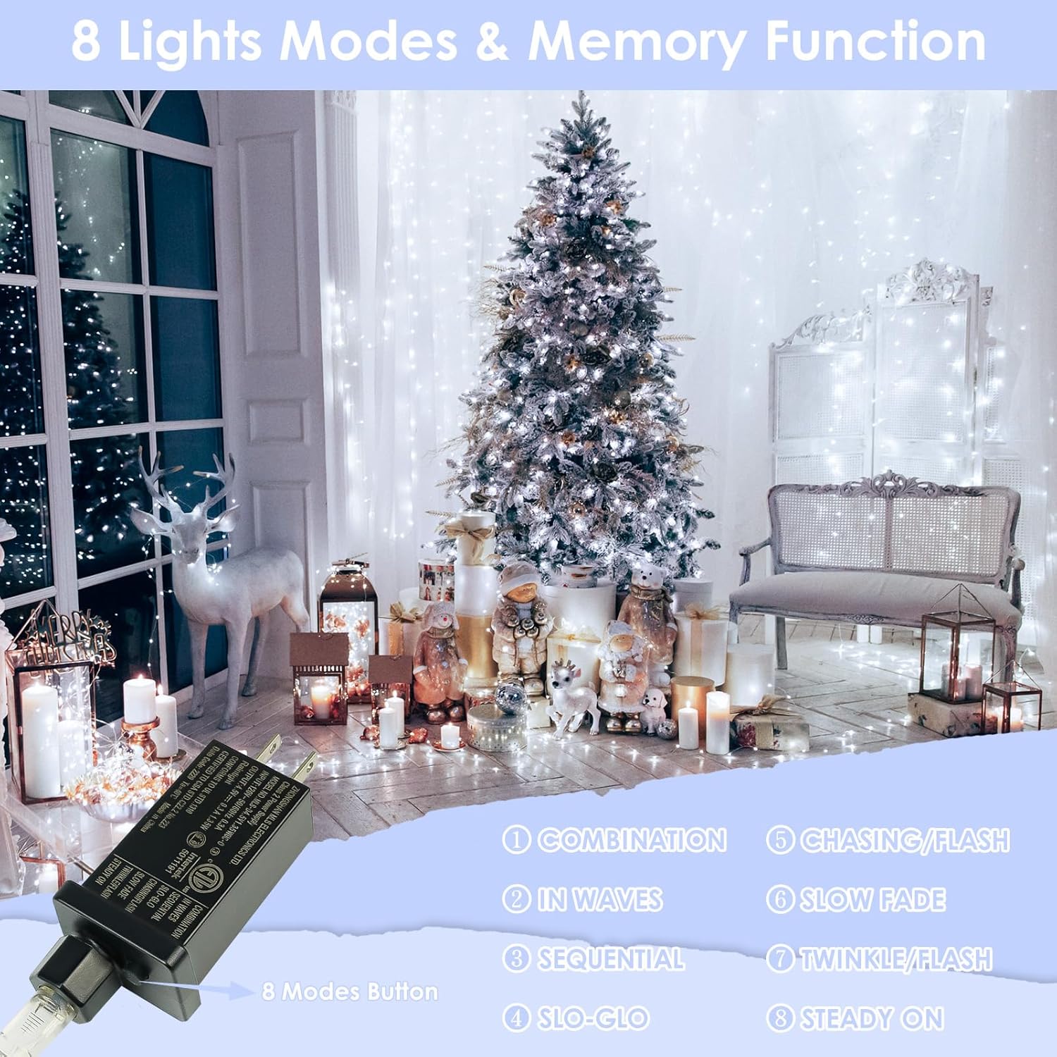 66Ft 200LED Fairy Lights Plug in, Waterproof String Lights Outdoor & Indoor 8 Modes with Timer, Christmas Light Bedroom Decor, Twinkle Light for Girl's Room Garden Christmas Decorations (Cool White)