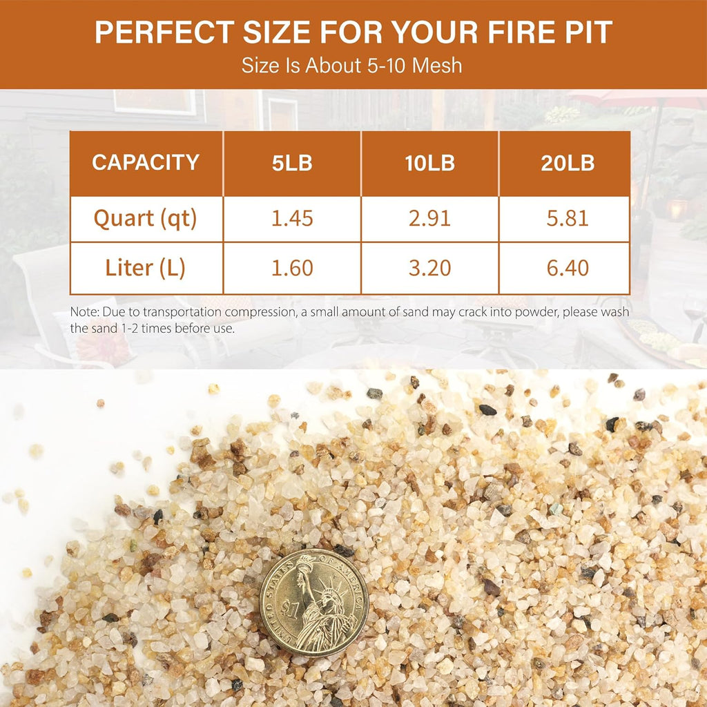 NUPICK 5-10 Mesh Silica Sand for Fire Pit, 20lb Coarse Sand for Fireplaces, Decorative Sand for Gas or Propane, Heatproof Base Layer Under Fire Glass, Lava Rocks, Wood, Garden, Vase Filler, Aquarium