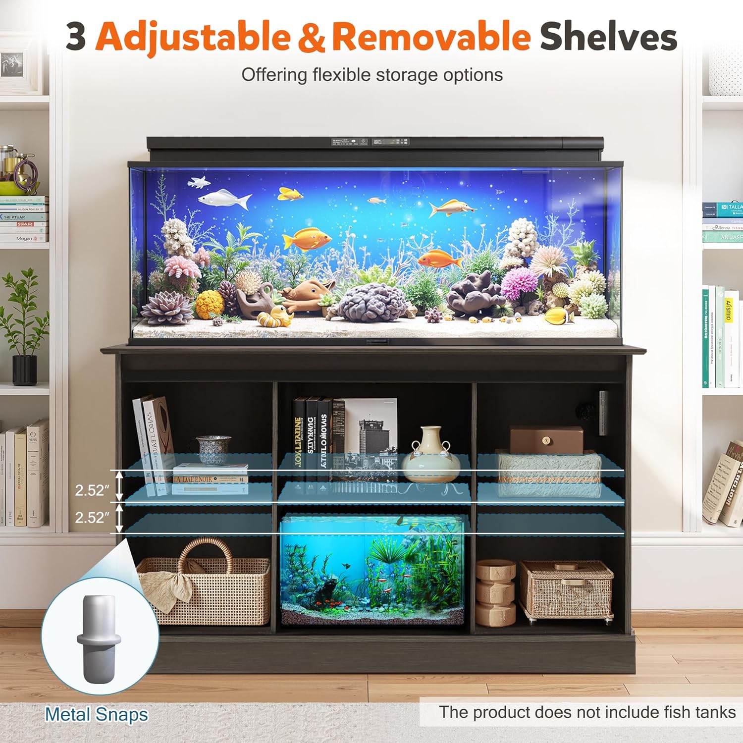 Fish Tank Stand with Power Outlet, Aquarium Stand w/Sliding Barn Doors, 55-75 Gallon Fish Tank Stand w/Cabinet for Accessories Storage for 2 Fish Turtle Tank Reptile Terrarium, 1000 LBS (Gray)