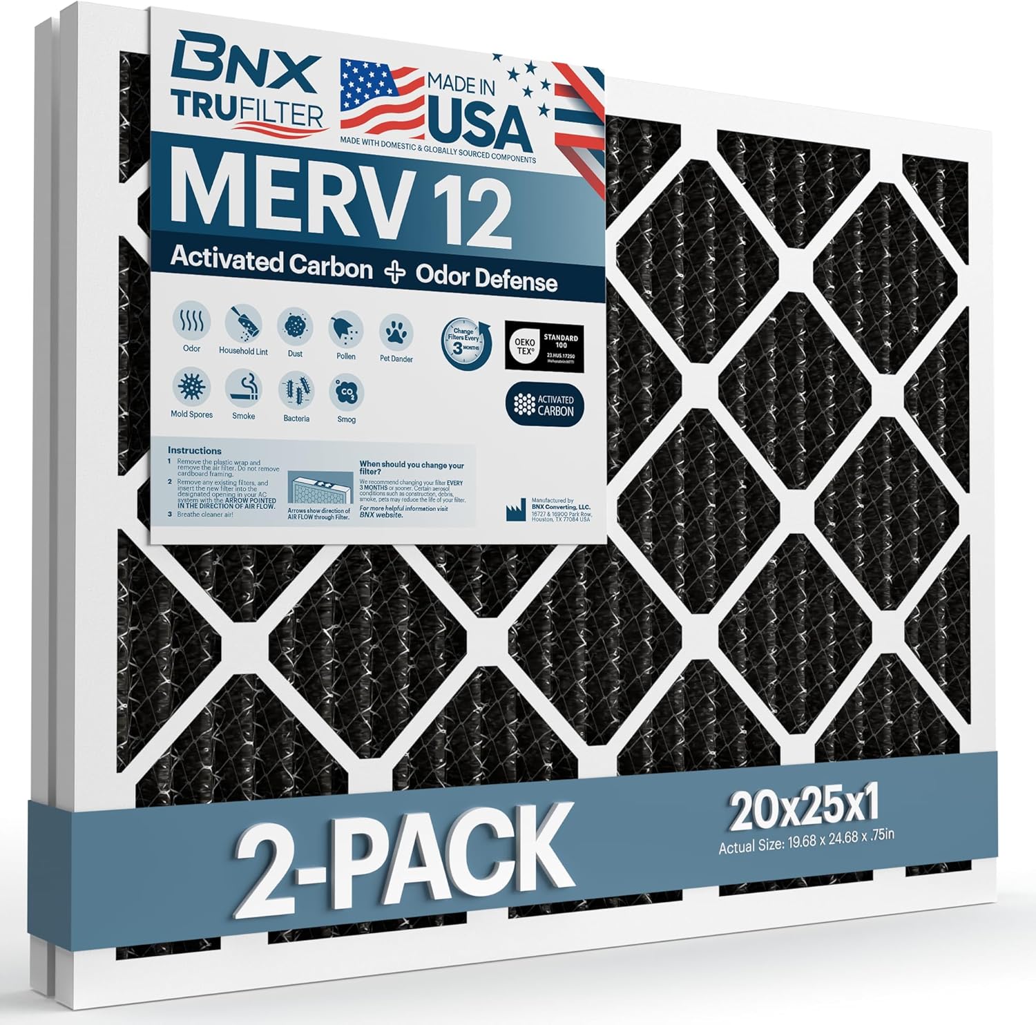 BNX TruFilter 20x25x1 MERV 12 Odor Defense (2-Pack) AC Furnace Air Filter with Activated Carbon - MADE IN USA - Pleated Air Conditioner HVAC AC Furnace Filters - Removes Odor, Mold, Bacteria, Smoke