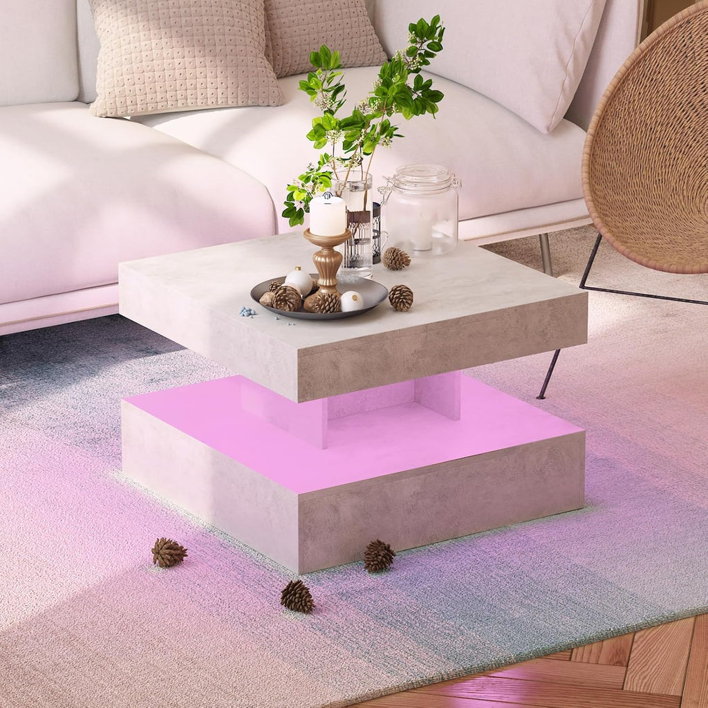 Small Grey Led Coffee Table for Living Room, 23.6" Wood Square 2-Tier Storage Modern Center Table, Modern High Glossy Wooden Coffee Tables for Small Space