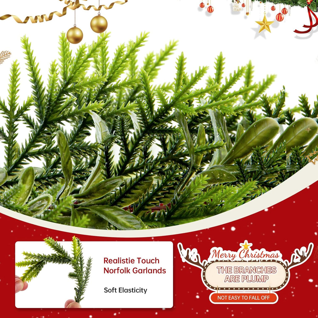 6FT Christmas Garland – Artificial Norfolk Pine Olive Garland with Red Berries, Pinecones & 20 Warm LED Timer Lights – Holiday Garland for Home, Wedding, Party Decorations
