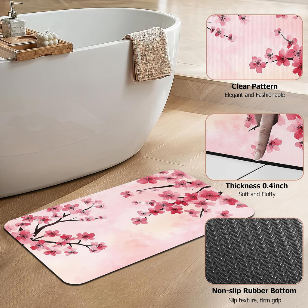 Pink Flower Bath Mat,Cherry Blossom Diatomaceous Earth Bath Mat,Rubber Backing Quick Dry Absorbent Washable Bathroom Rugs for Tub Non Slip 17"x29.5"