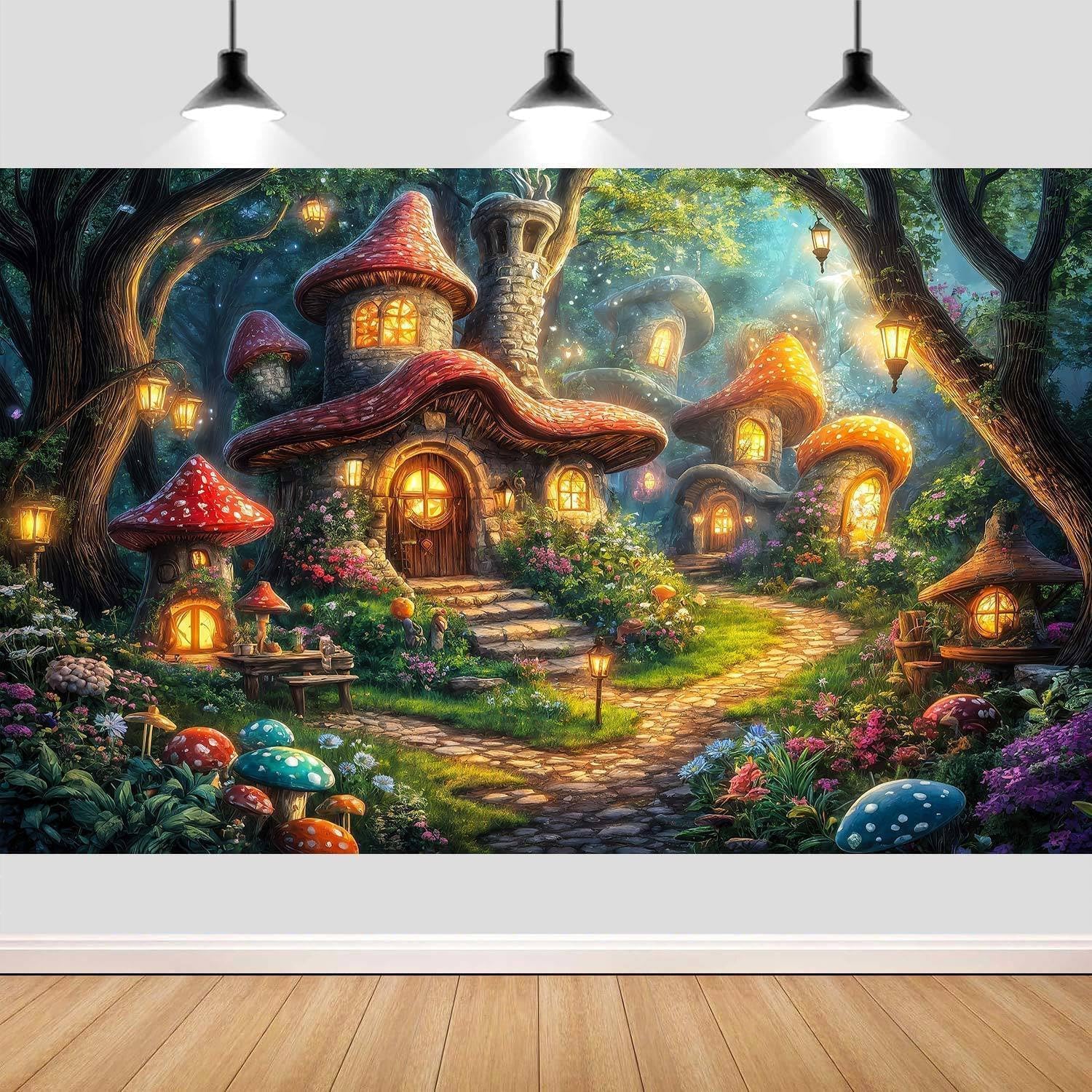 7X5ft Enchanted Forest Backdrop Fairy Tale Forest Mushroom House Photography Background Magic Garden Woodland Party Decorations Photo Shoot Booth Props