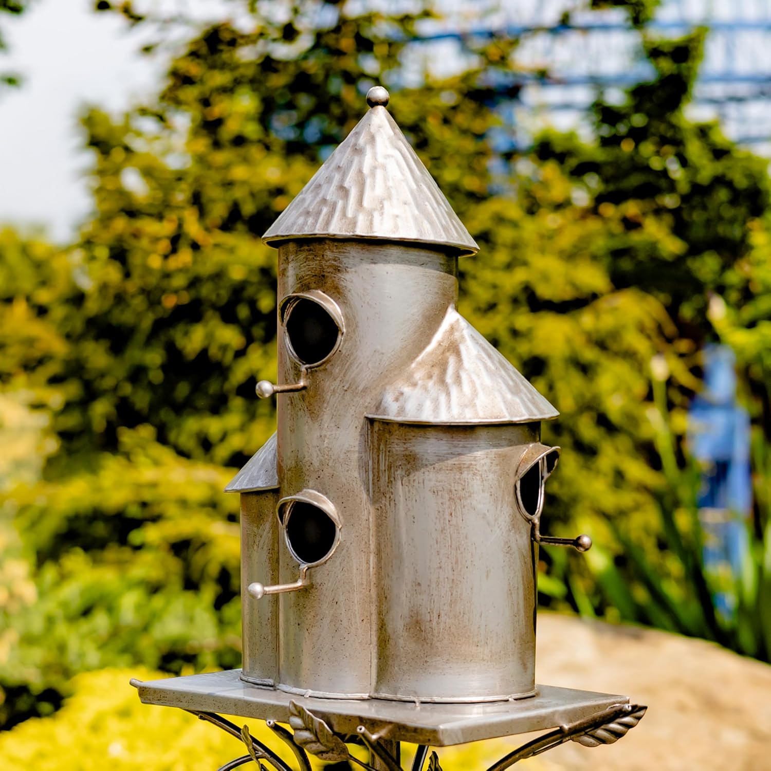 Zaer Ltd. Large Silver Colored Multi-Birdhouse Stakes, Room for 4 Bird Families in Each (Tall Triple Cylinder Homes (Silver Color))