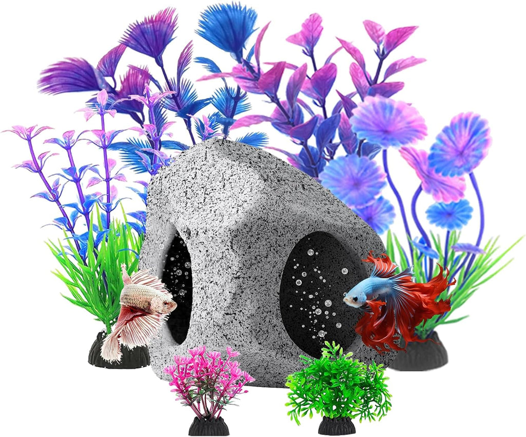 Fish Tank Decorations Set, Aquarium Decor Hideaway Rock Cave x 1pc, Decor Accessories Aquatic Plants x 6pcs.