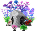 Fish Tank Decorations Set, Aquarium Decor Hideaway Rock Cave x 1pc, Decor Accessories Aquatic Plants x 6pcs.