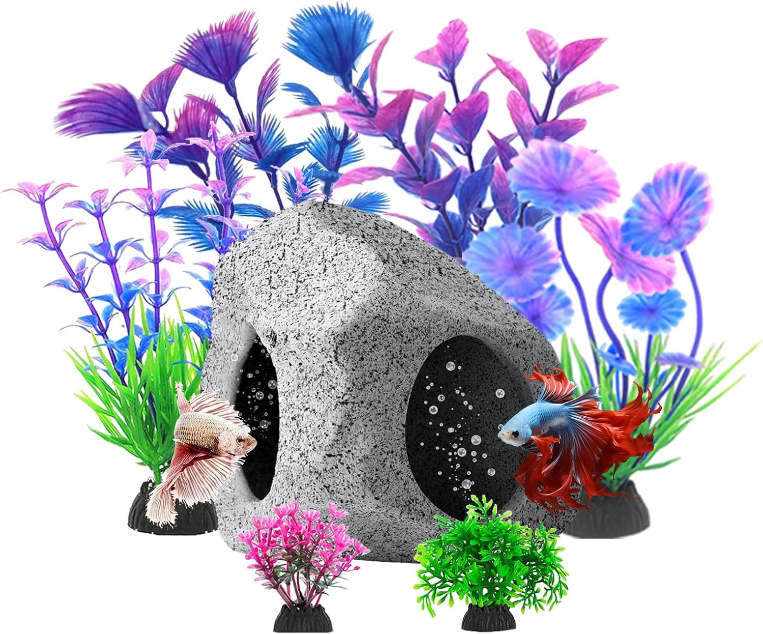 Fish Tank Decorations Set, Aquarium Decor Hideaway Rock Cave x 1pc, Decor Accessories Aquatic Plants x 6pcs.