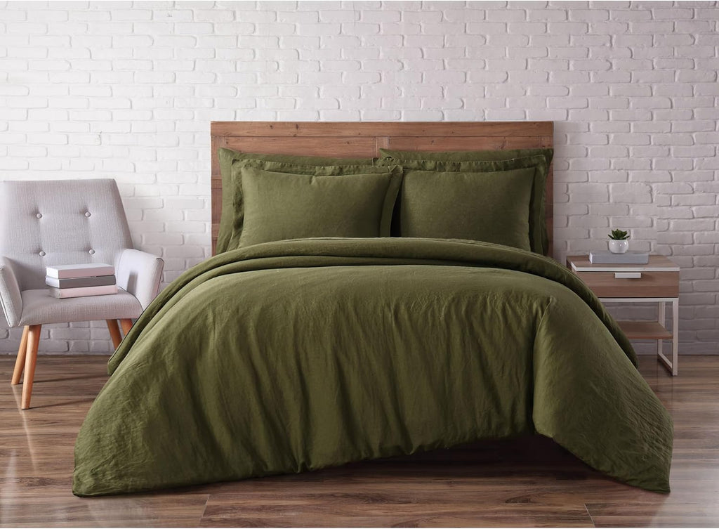 Brooklyn Loom Linen Duvets Olive Green Linen 3-Piece King Duvet Set, Solid Color Themed, for Men and Women, Oeko-TEX Certified Confidence
