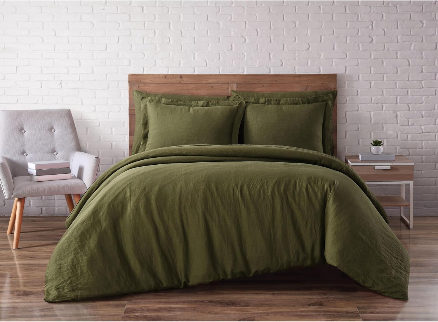 Brooklyn Loom Linen Duvets Olive Green Linen 3-Piece King Duvet Set, Solid Color Themed, for Men and Women, Oeko-TEX Certified Confidence