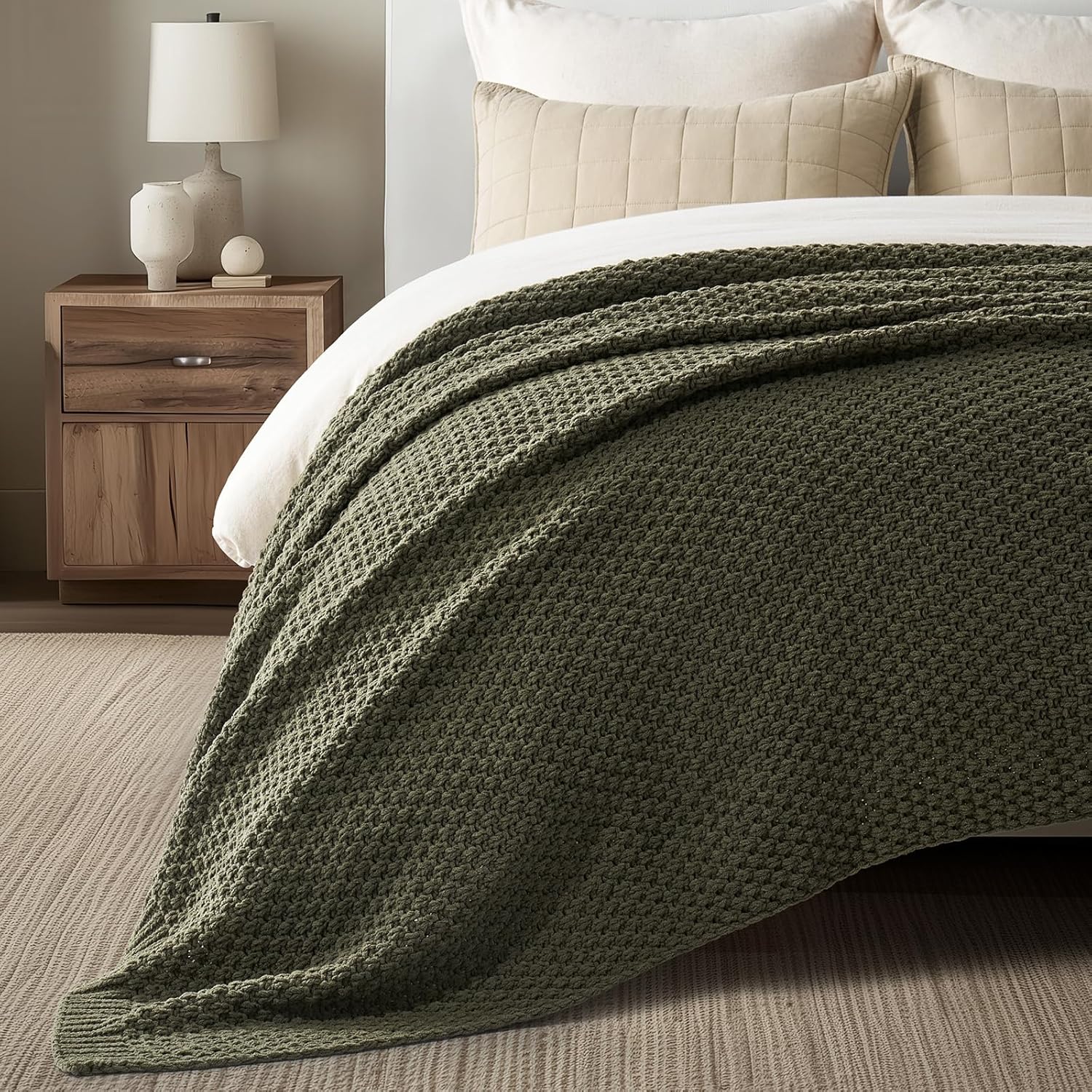 EVERGRACEHOME Chunky Chenille Knit Throw Blanket for Couch, Soft Luxurious Oversized King Moss Stitch Blanket for Bed, Large Cozy Farmhouse Knitted Throw for Sofa, Olive Green, 92" x 108"