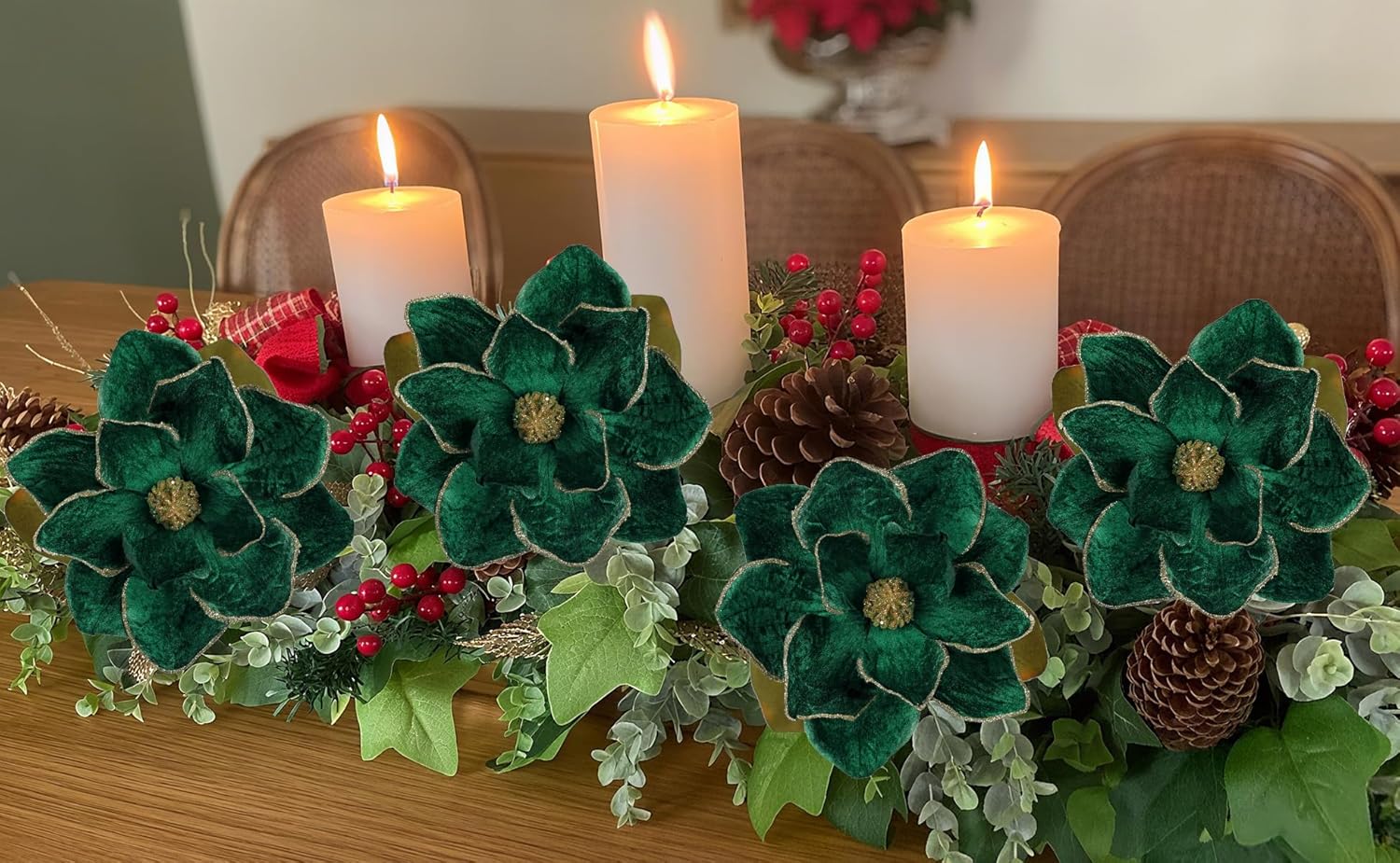 Briful Set of 3 Artificial Christmas Magnolias Flowers – 30’’ Long Stem Faux Magnolia Stems for Tree Ornaments, Holiday Centerpieces & Christmas Decor,Green