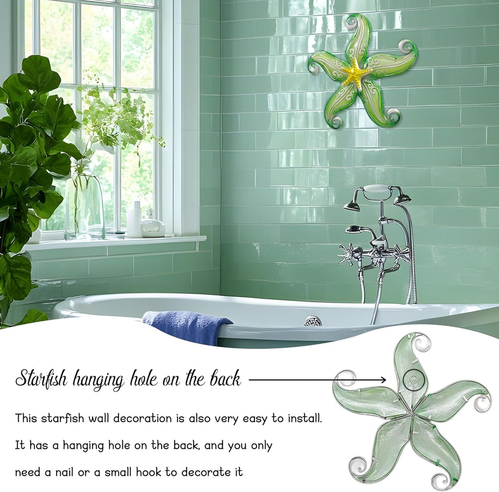 Metal Starfish Wall Decor, Sea Life Coastal Decorations 12 inch Starfish Wall Art, Nautical Home Decoration Handing Ocean Beach Wall Art for Garden,Fence,Home,Patio,Kitchen,Bathroom,(Green)