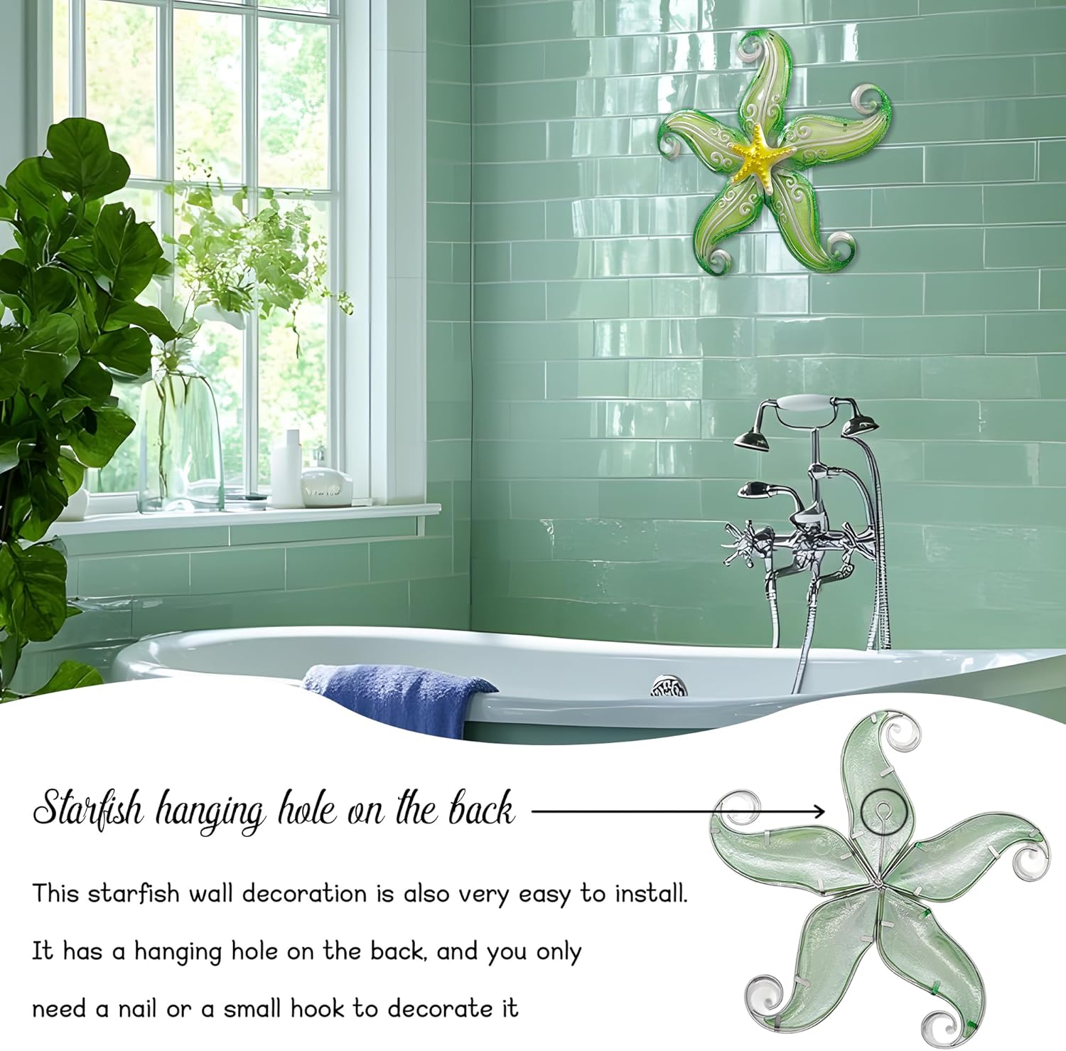 Metal Starfish Wall Decor, Sea Life Coastal Decorations 12 inch Starfish Wall Art, Nautical Home Decoration Handing Ocean Beach Wall Art for Garden,Fence,Home,Patio,Kitchen,Bathroom,(Green)