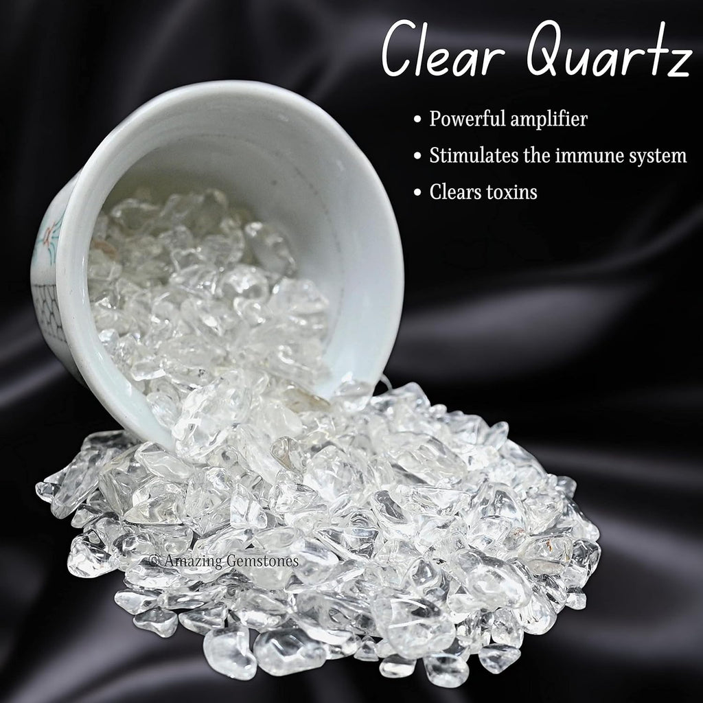 Amazing Gemstone Clear Quartz Crystal Chips Aquarium Gravel Rocks - 1000+ Carat Clear Quartz Chips Bulk Fish Tank Gravel, Small Tumbled Stone Chips and Tiny Crystals for Decoration (Natural AAA Grade)