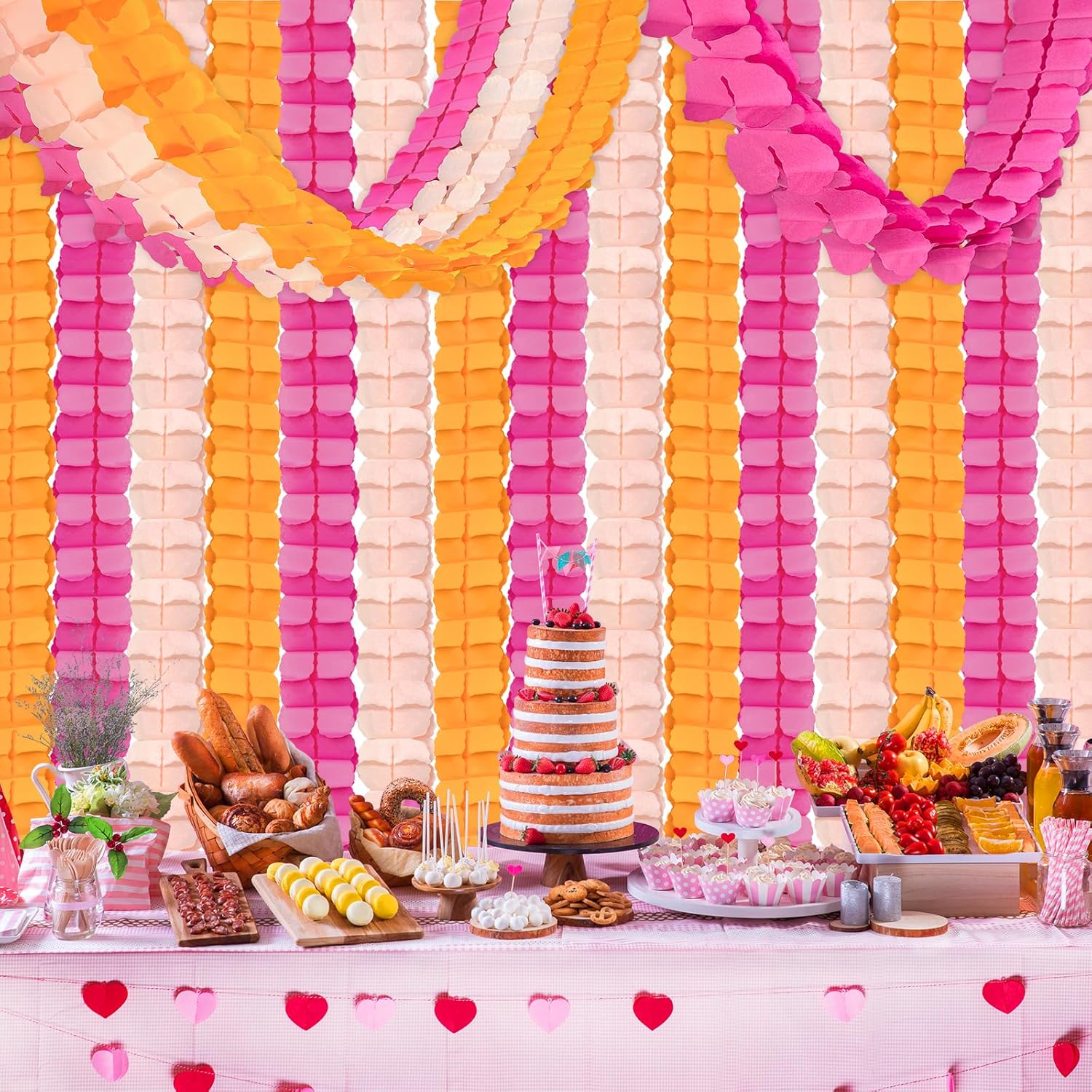 12Pcs Pink and Orange Party Decorations, Hot-Pink Orange Paper Streamers Garland for Girls Women Birthday Sunset Bridal Wedding Baby Shower Backdrop Decor Thanksgiving Friendsgiving Party Decorations