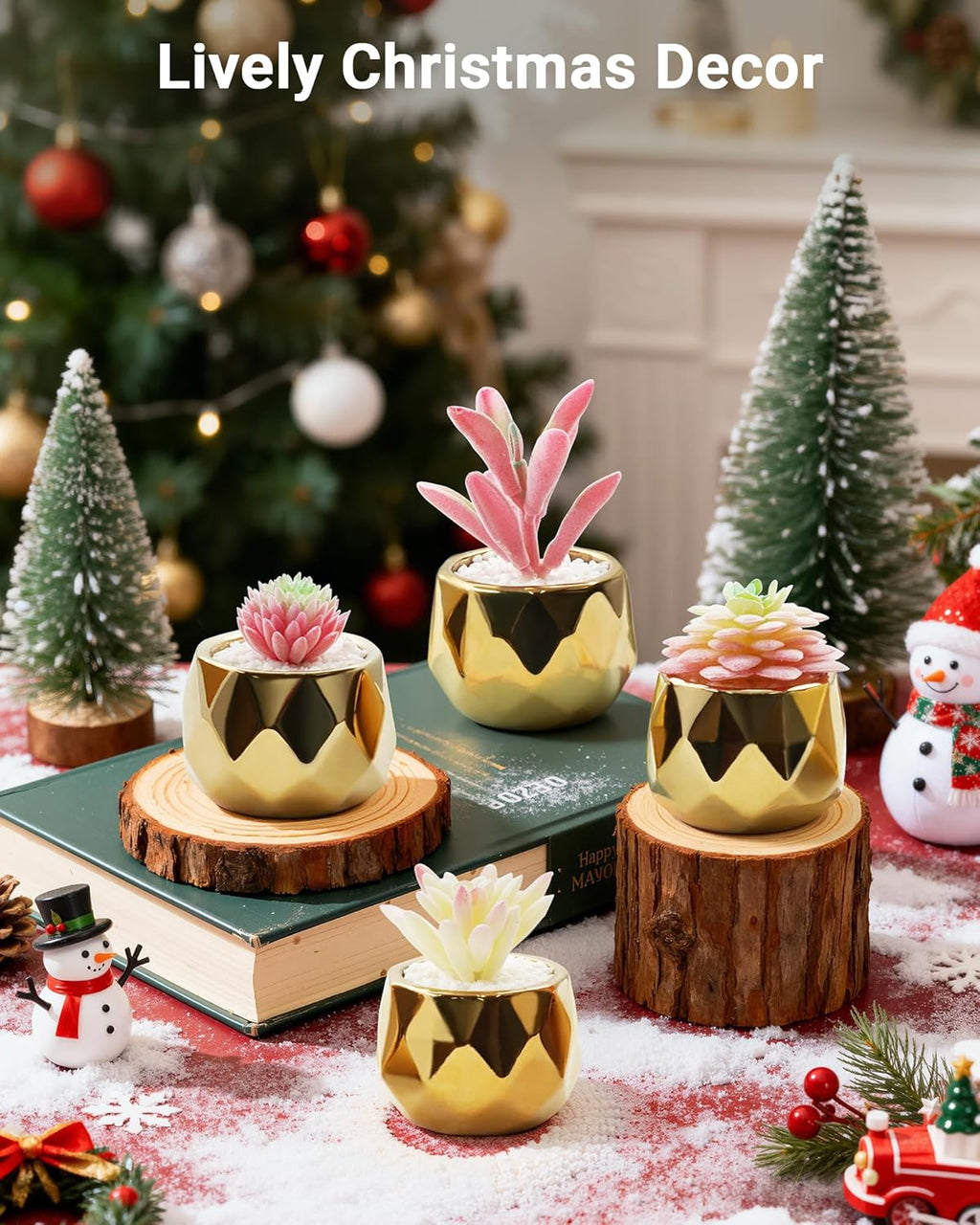 VIVERIE Mini Succulents Plants Artificial in Pots-Pink with Golden Ceramic, Christmas Small Fake Succulents Plants for Home Decor Indoor Christmas Decor for Women, Set of 4, Gifts for Mom