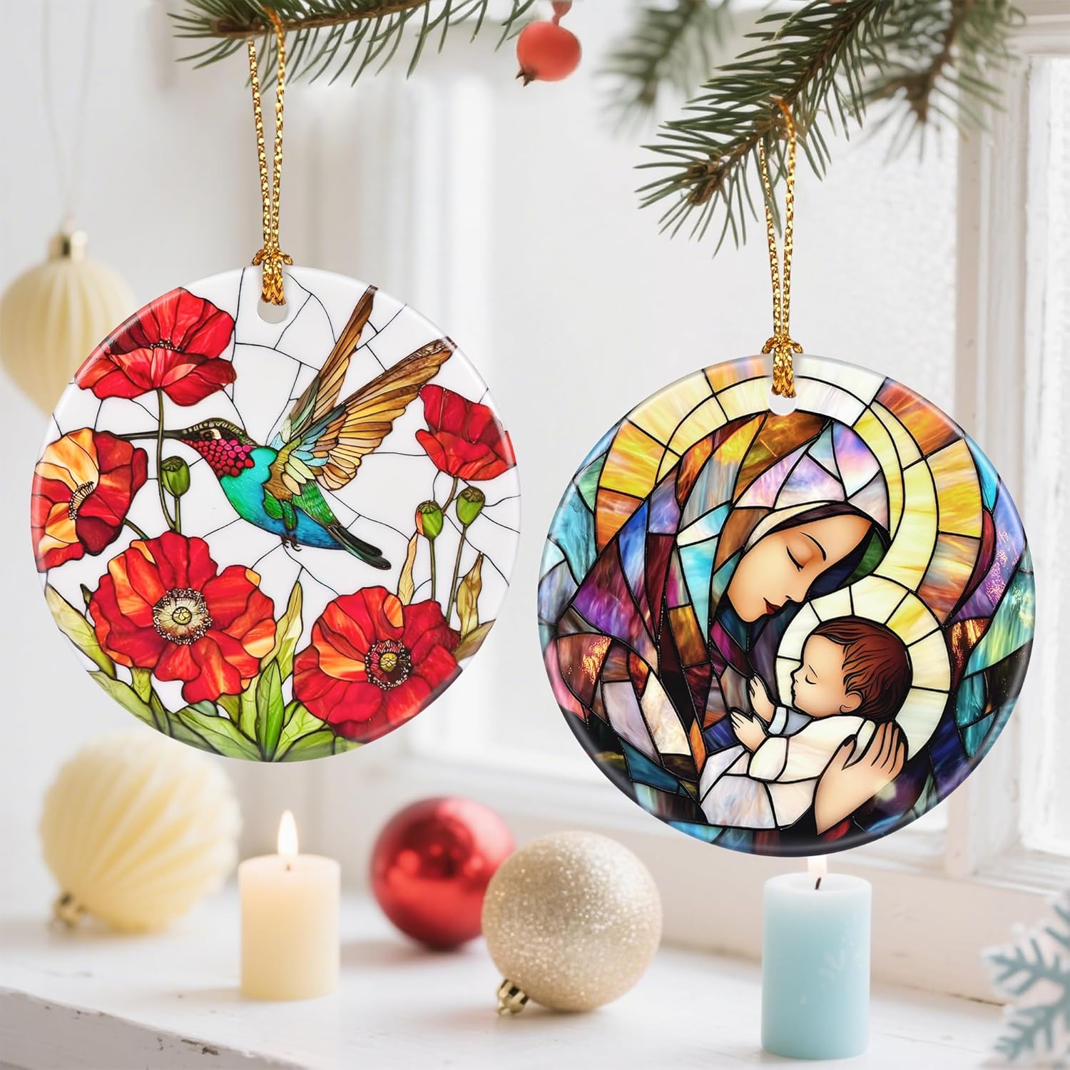 Ceramic-Style Christmas Tree Decorations, Christmas Ornaments, Double-Sided Printed Ornament Keepsakes, Holiday Decor. Xmas Gifts, Gifts for Hummingbird Lovers - Hummingbird-Themed