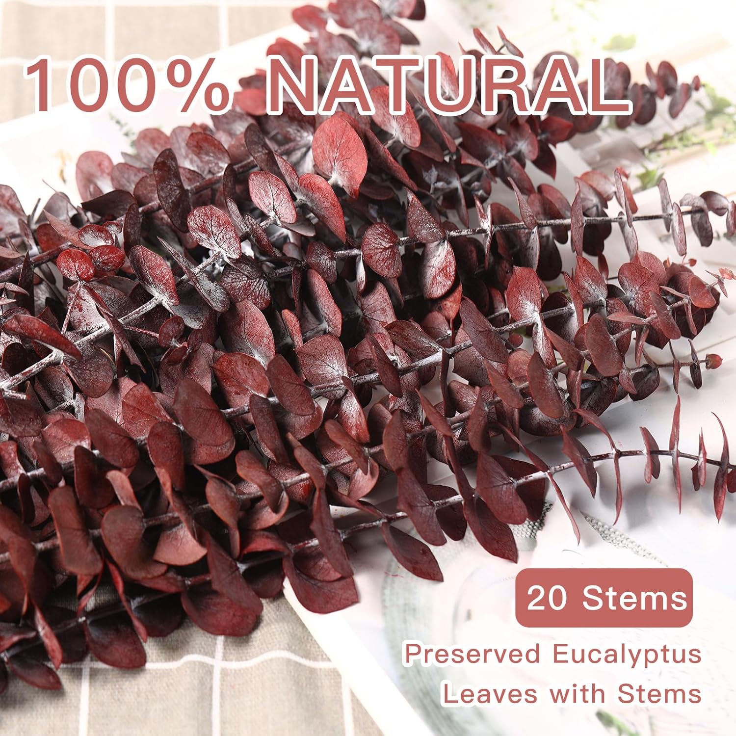 20 Pcs Dried Eucalyptus Stems, 17'' Natural Real Live Red Eucalyptus Leaves Branches Hanging Shower, Preserved Dried Plants for SPA Home Fragrance Bathroom Table Vase Decor
