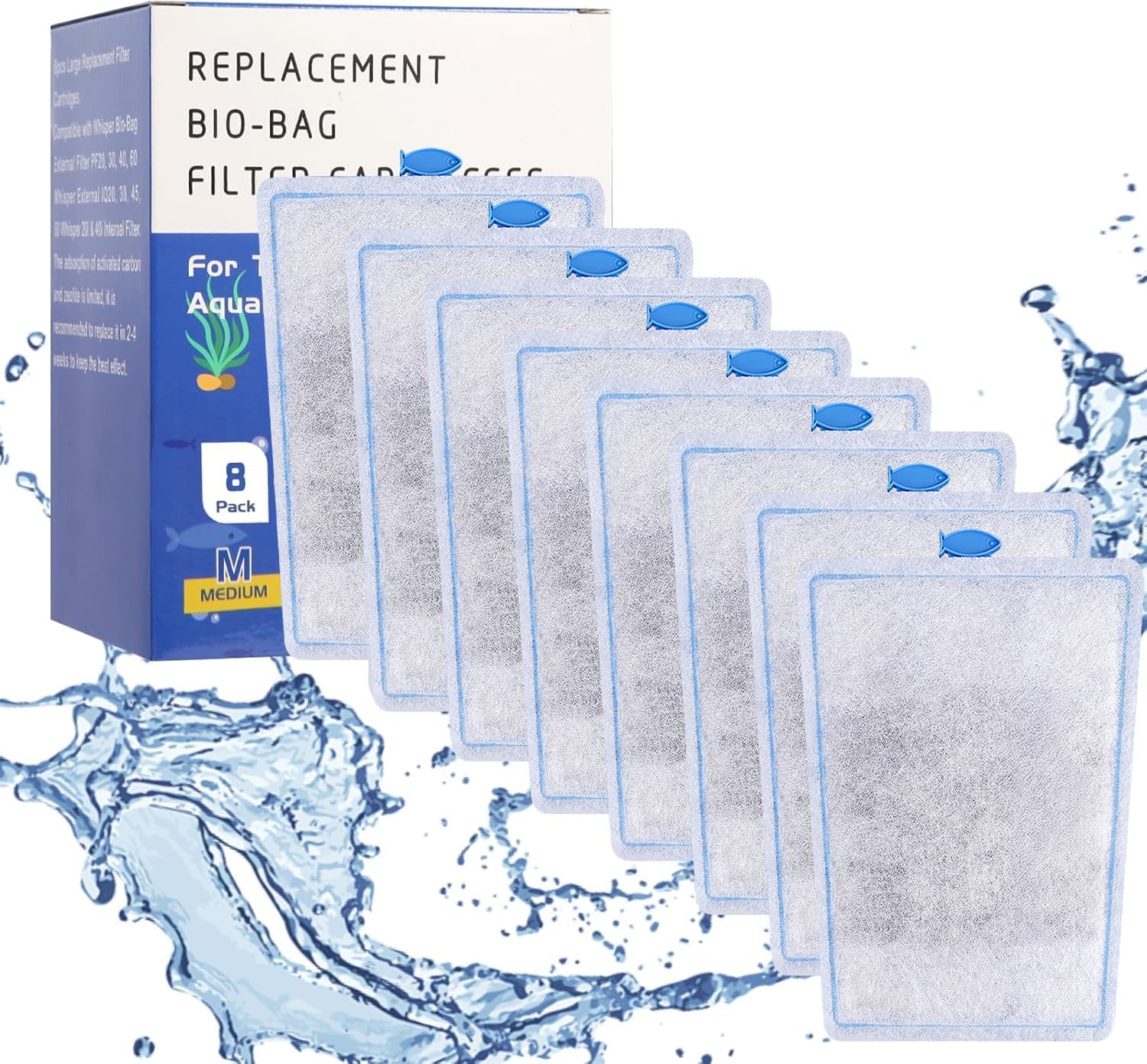 8 Pack Assembled Medium Aquarium Filter Cartridge for Whisper Bio-Bag Power Filters, Medium Replacement Filter Cartridges for ReptoFilter
