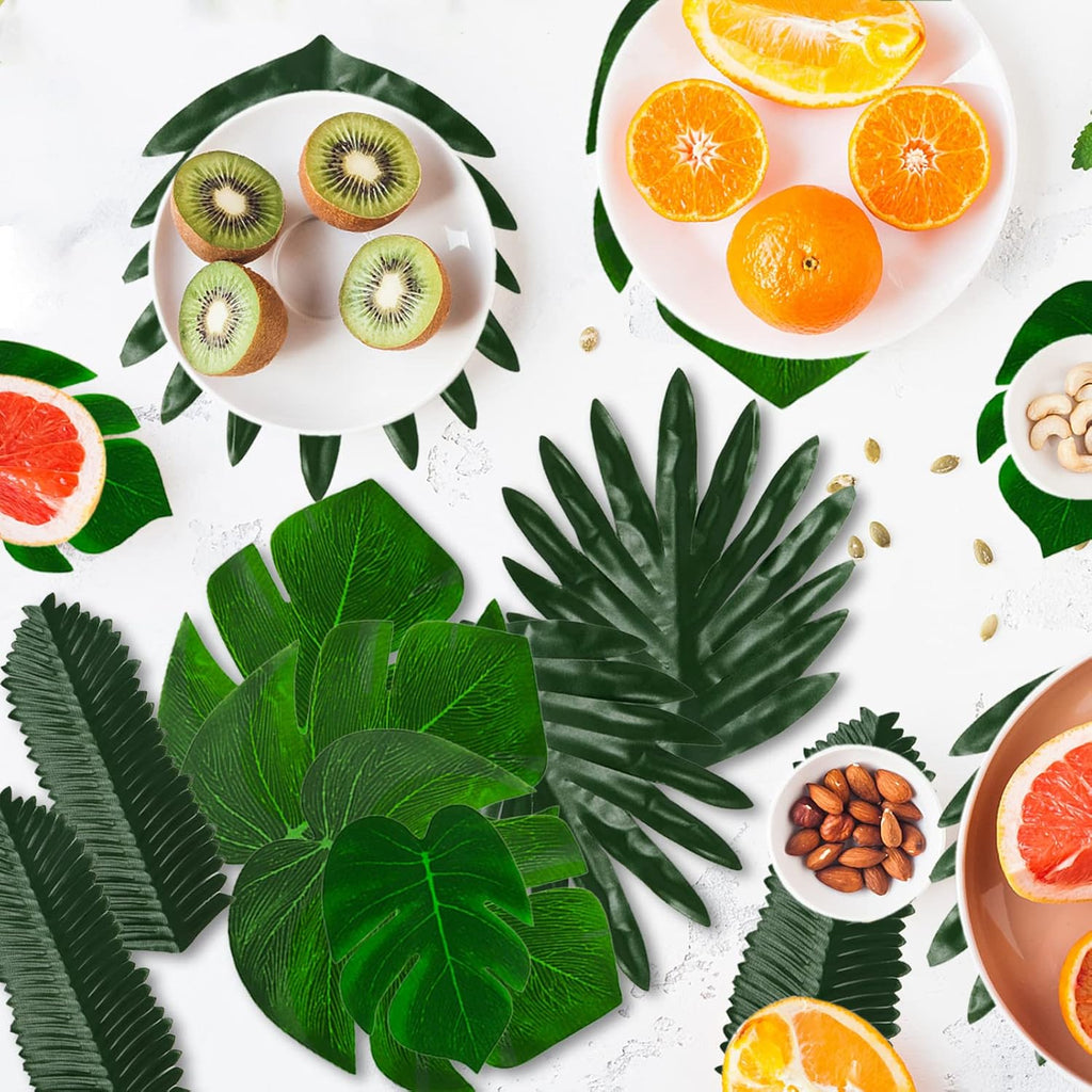 50 Pieces 7 Kinds Tropical Party Decorations Jungle Monstera Leaves Safari Leaves, Artificial Palm Leaves with Faux Stem for Hawaiian Luau Party Jungle Beach Table Leave Decorations