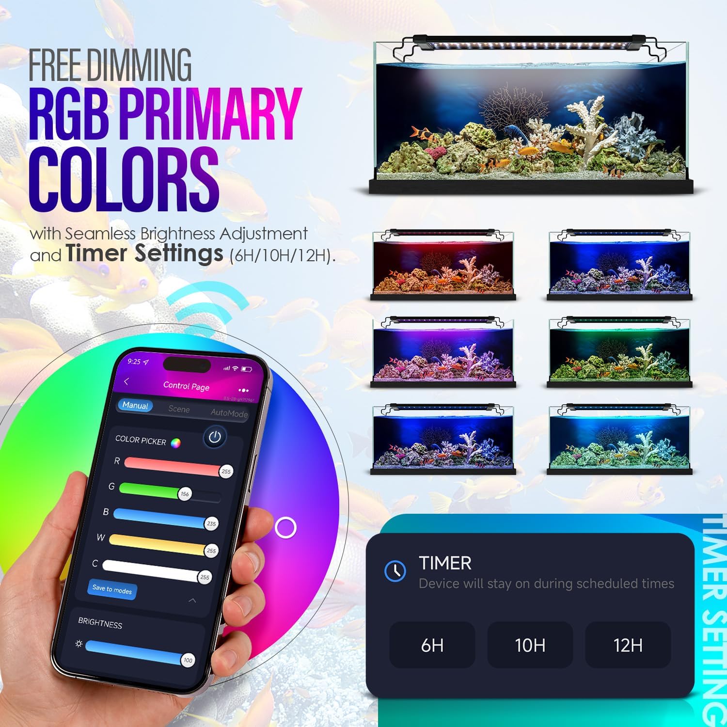 18W Smart Bluetooth App-Controlled Aquarium Light - Customizable Light Colors,Timeable,24/7 User-Defined Sunrise/Sunset Simulation,Tropical Lighting Mode,Suitable for 18-24" Fish Tanks