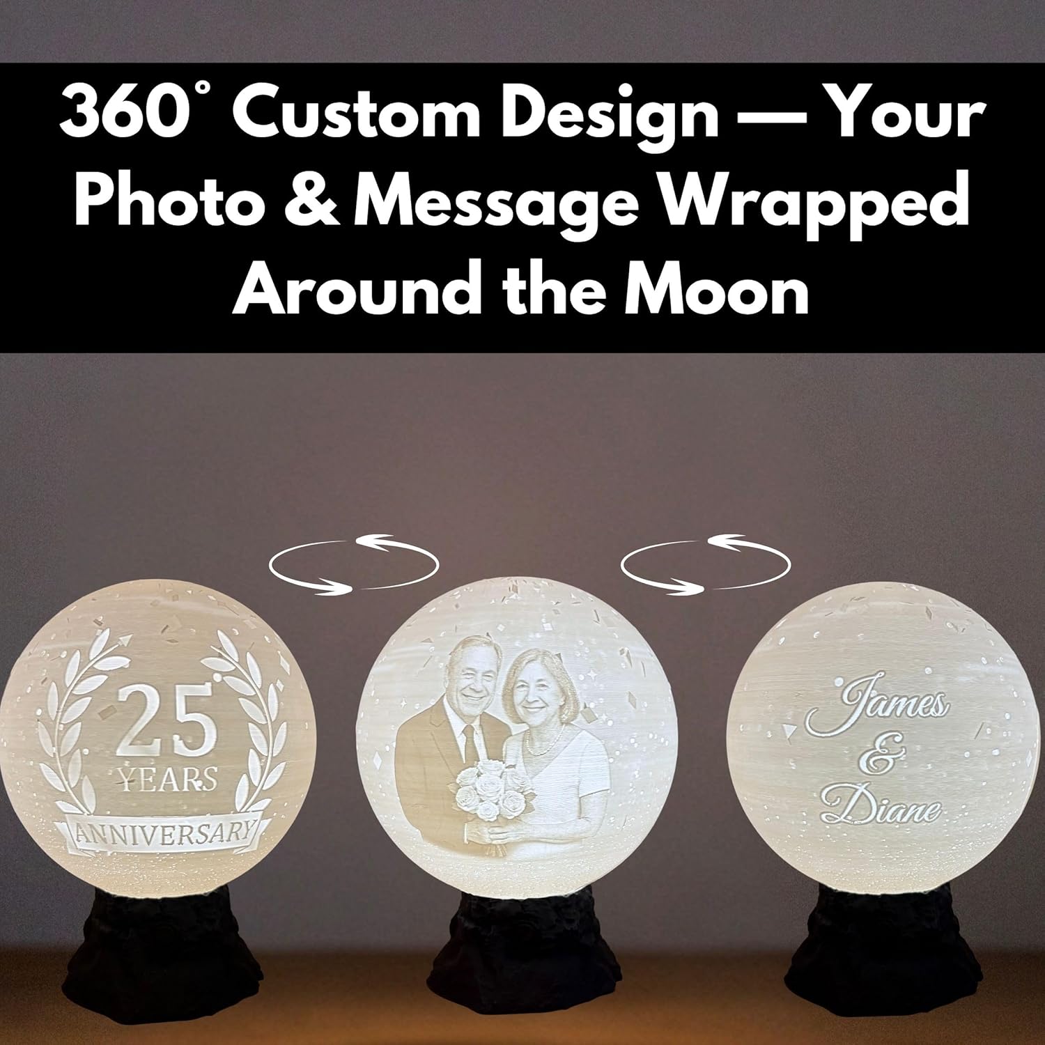 Personalized Anniversary Moon Lamp with Photo & Text - Couple Night Light - Custom Love Lamp for 1st, 20th, 25th, 50th Wedding Anniversary | Romantic Personalized Gift for Husband or Wife
