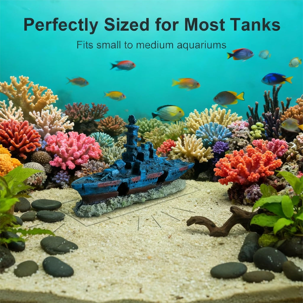 Shipwreck Aquarium Decor, Resin Fish Tank Ornament, Realistic Sunken Ship for Fish Hideout & Underwater Landscaping (Blue)