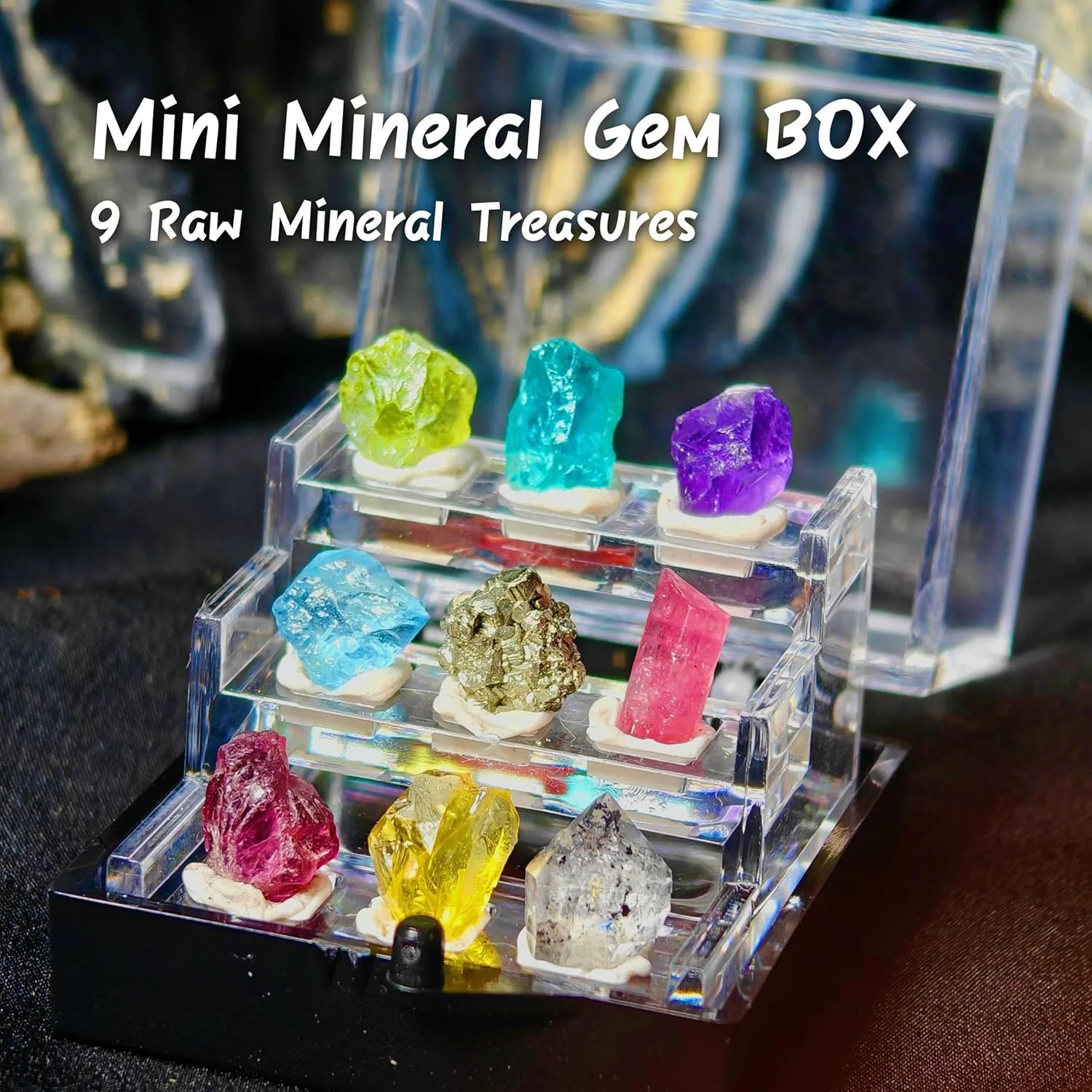 9 Rare Natural Gemstone Collection Gift Box-Peridot, Apatite & 7 Exquisite Minerals-Square Acrylic Tiered Display Case - Ideal Birthday & Christmas Gifts for Mineral Enthusiasts,Geography Enthusiast