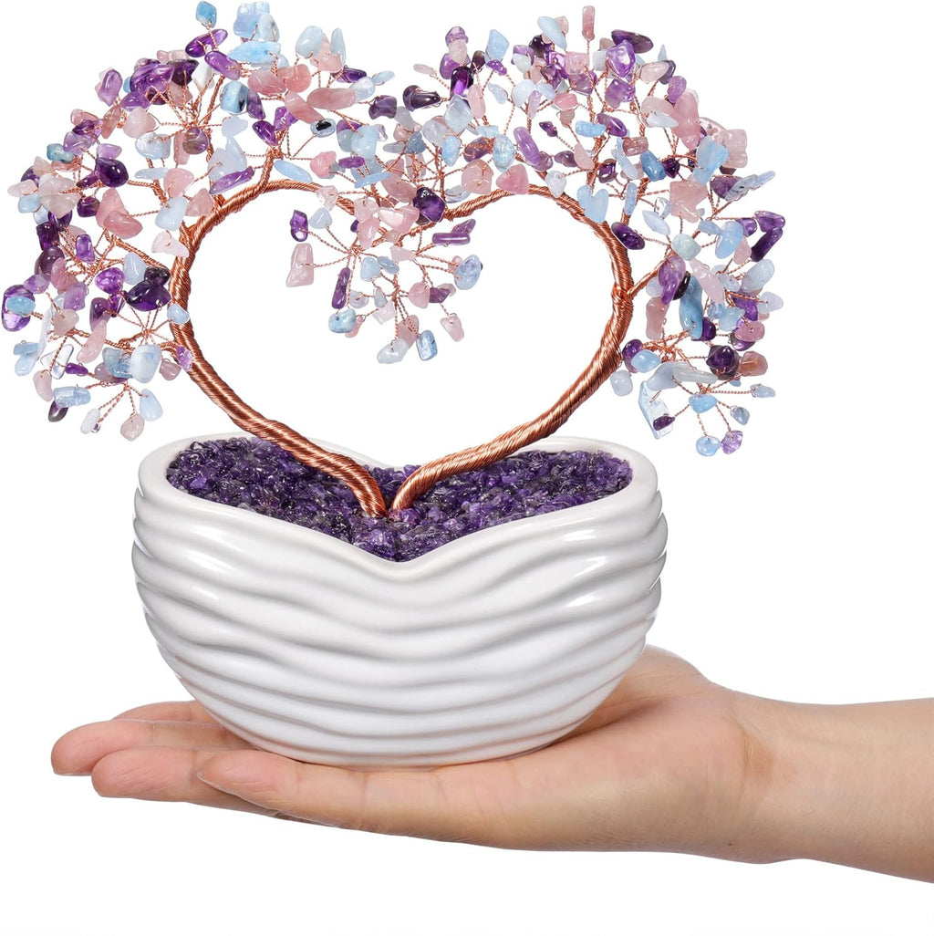 GEHECRST Healing Crystal Heart Tree Handmade Amethyst Rose Quartz Aquamarine Crystal Gemstone Money Tree Feng Shui Ornament for Home Office Desk Decor Gifts for Mom Women Christmas
