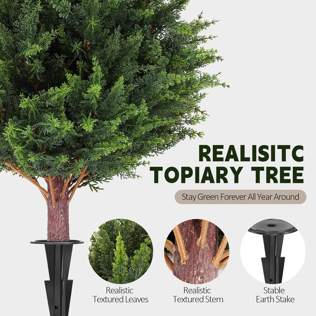 LadyRosian Artificial Cypress Topiary Tree, 25 Inch 2 Set Outdoor Faux Cypress Bush Plants,Indoor Ball Trees with Ground Spike, Fake Potted for Home Front Porch Decor Outside Garden