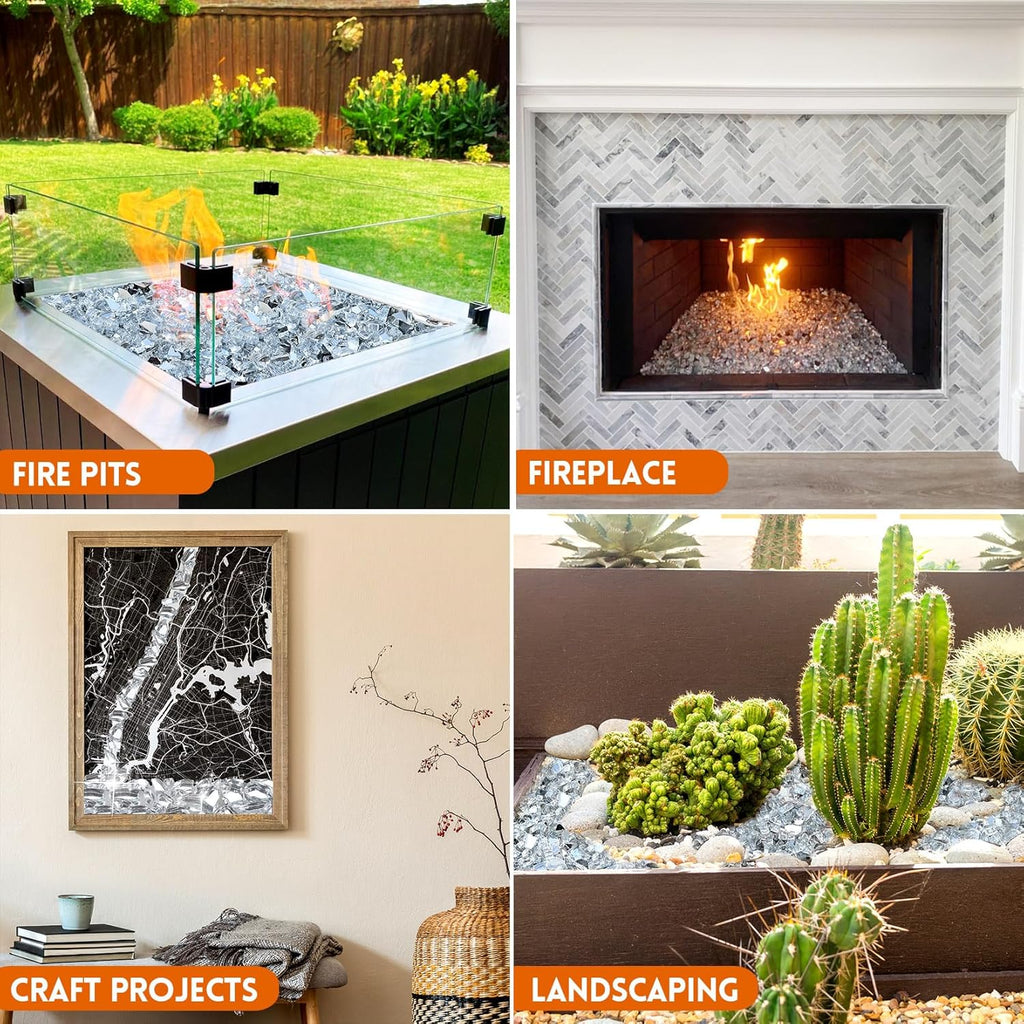 GasSaf 1/2 Inch Fire Glass Reflective Tempered Fireglass Cut Crushed FireGlass for Fire Pit, Fireplace, Replaces Existing Gas Logs & Lava Rocks (20 Pound)(Crystal Ice Reflective)