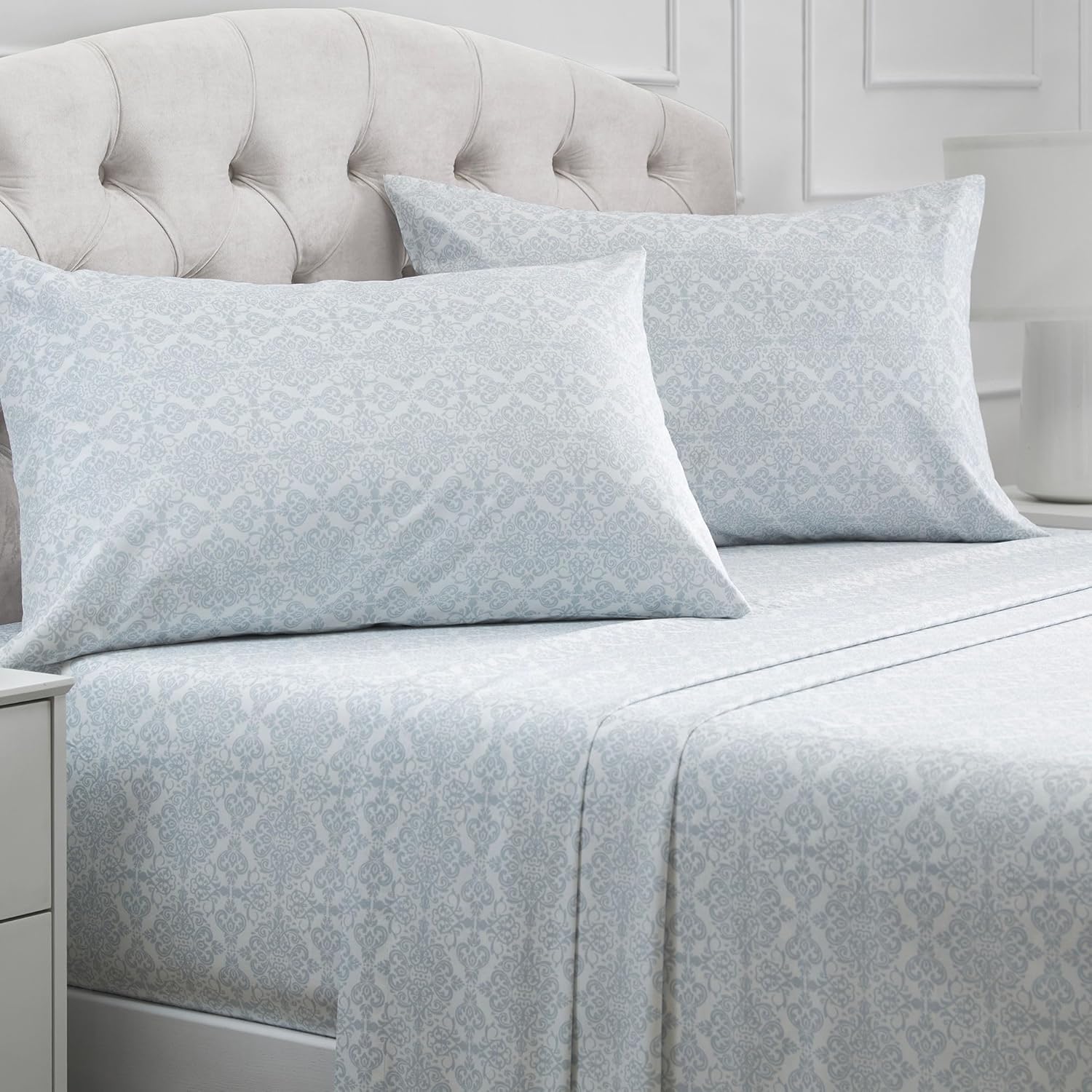 Mellanni California King Sheets Set - 4 PC Iconic Collection Bedding - Hotel Luxury, Extra Soft, Cooling Bed Sheets - Wrinkle, Fade, Stain Resistant (Cal King, Laced Sky Blue)