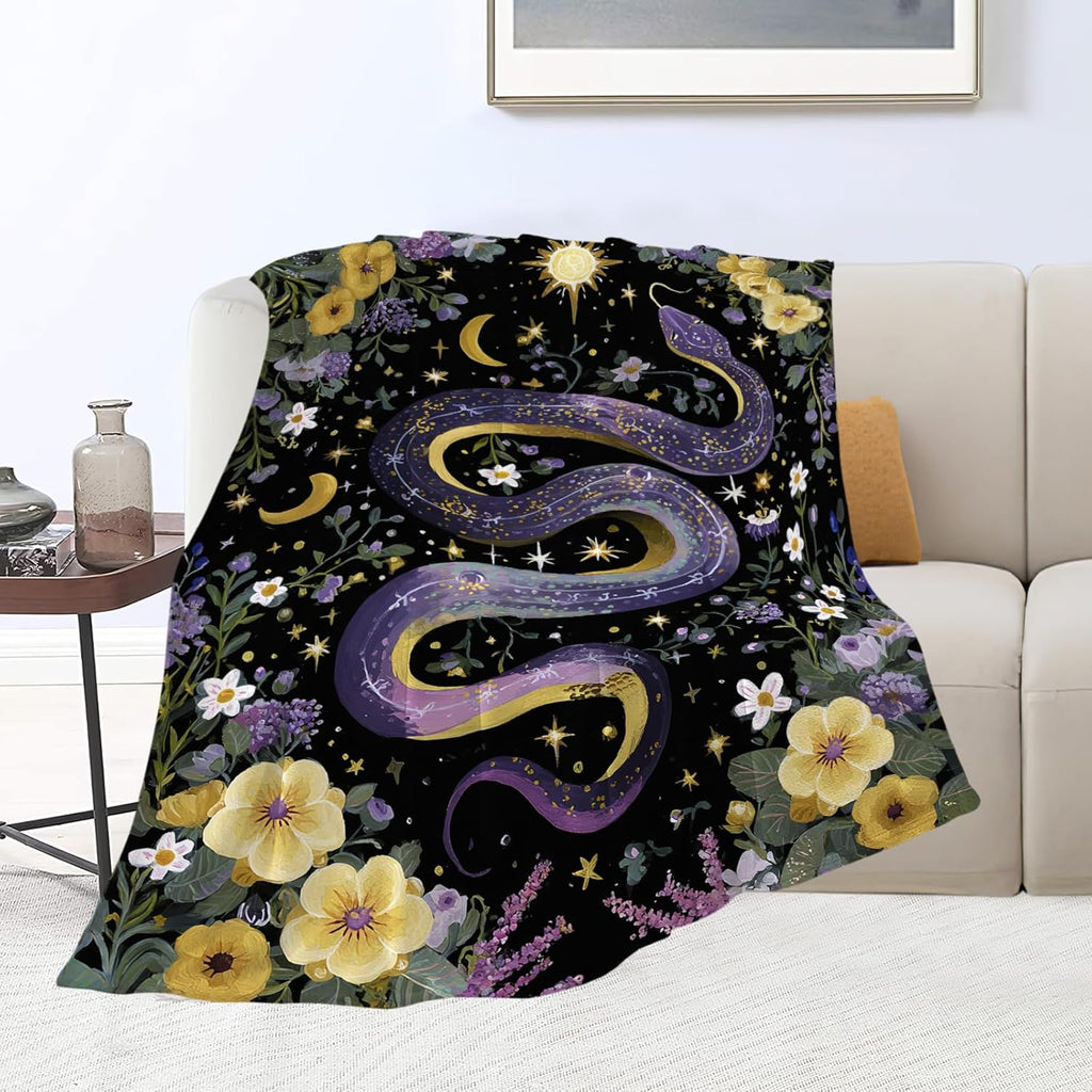 Purple Snake Blanket Fantasy Floral Reptiles Throw Blankets Gifts for Girls Boys Kids Snake Lover Soft Cozy Fleece Plush for Couch Sofa Bed 50"x40"