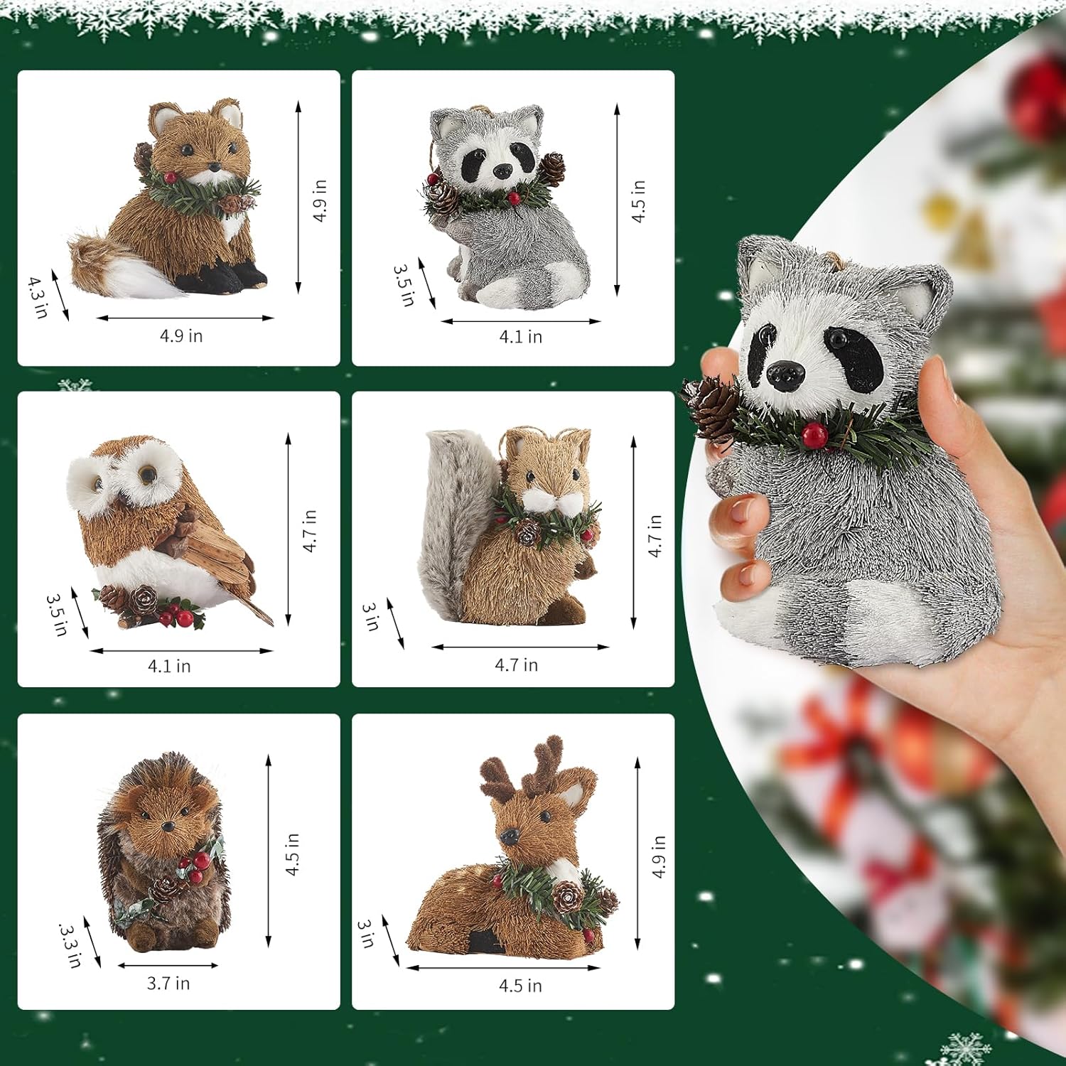 naturevibe Sisal Woodland Animals Christmas Tree Ornaments,Set of 6 Natural Woodland Creatures Christmas Ornaments in Gift Box for Rustic Christmas Tree Decorations or Farmhouse Decor