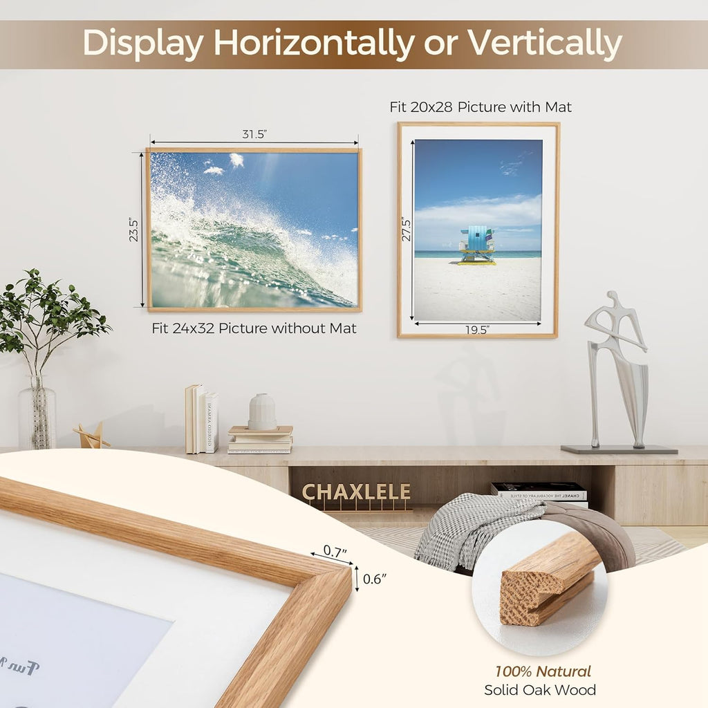 Fun Memories 24x32 Oak Picture Frame for Wall, 24x32 Frame with Matted to 20x28, Solid Wood Picture Frames for Wall Art Photo and Prints (Natural, 1 Pack)