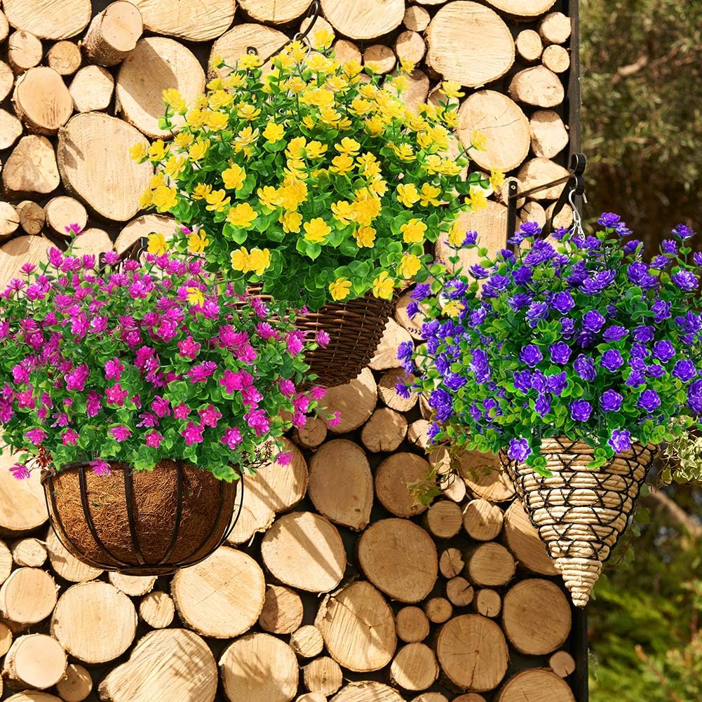 24 Bundles Outdoor Artificial Flowers UV Resistant Fake Boxwood Plants, Faux Greenery for Indoor Outside Hanging Plants Garden Porch Window Box Home Wedding Farmhouse Décor (Yellow)