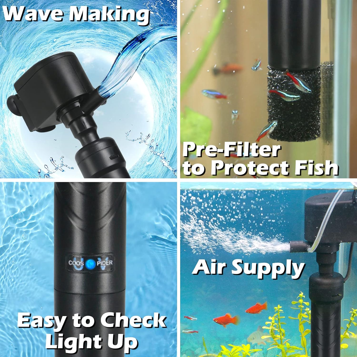 COOSPIDER Aquarium U-V Filter Green Clean Machine for 40-100 Gallon Fish Tank Crystal Clear 300GPH Submersible Water Pump Air Supply Wave Maker Green Killing