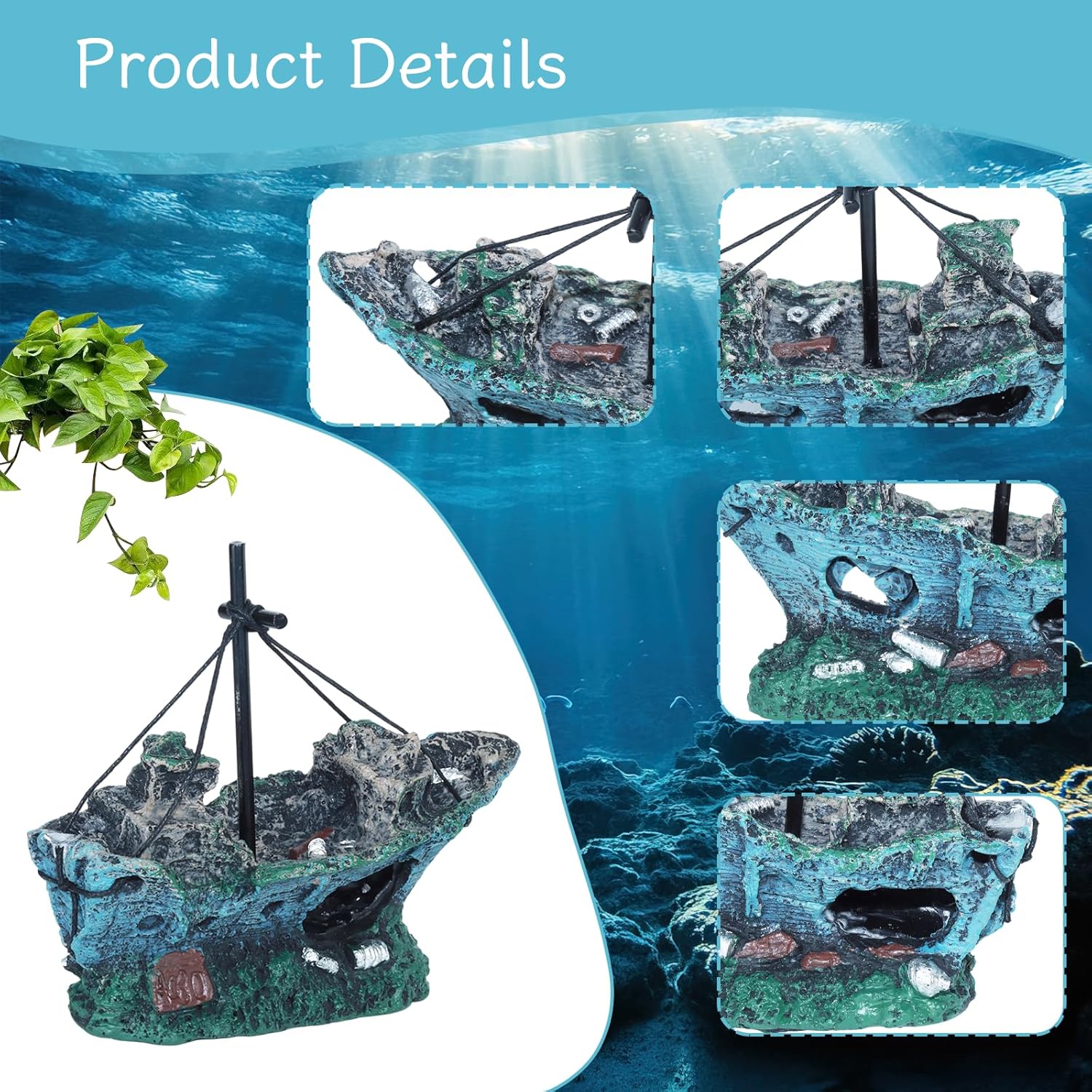 Saim Aquarium Large Shipwreck Decorations Resin Lifelike Ship Decor, Sunken Ship with Fish Tank Artificial Plastic Plants Fish Tank Accessories for Natural Look