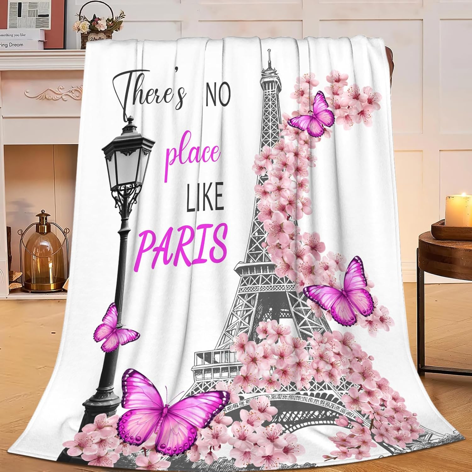 Eiffel Tower Throw Blanket French Paris Cherry Blossoms Print Throw Blankets Gifts for Couch Sofa Bed Stuff Decor Soft Cozy Fleece Plush Flannel Bedding for Lover Men Women Boys Girls 50"x60"