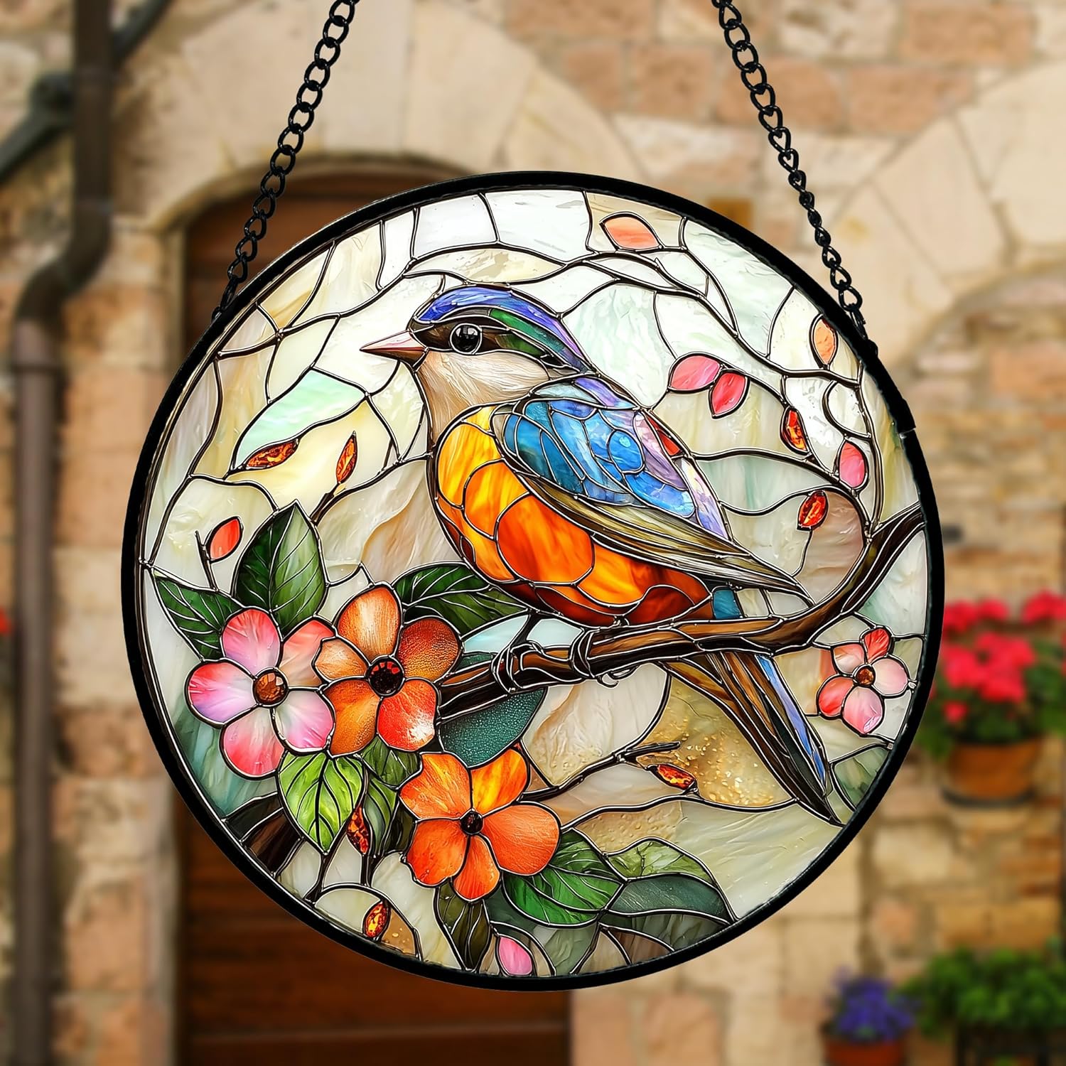 Stained Glass Window Hanging, Blue Bird Pink Flower Suncatcher Diamond Glass Panel Bird Sun Catchers Decor for Birthday for Women, Men, Wife, Aunt, and Mom 6.3 in