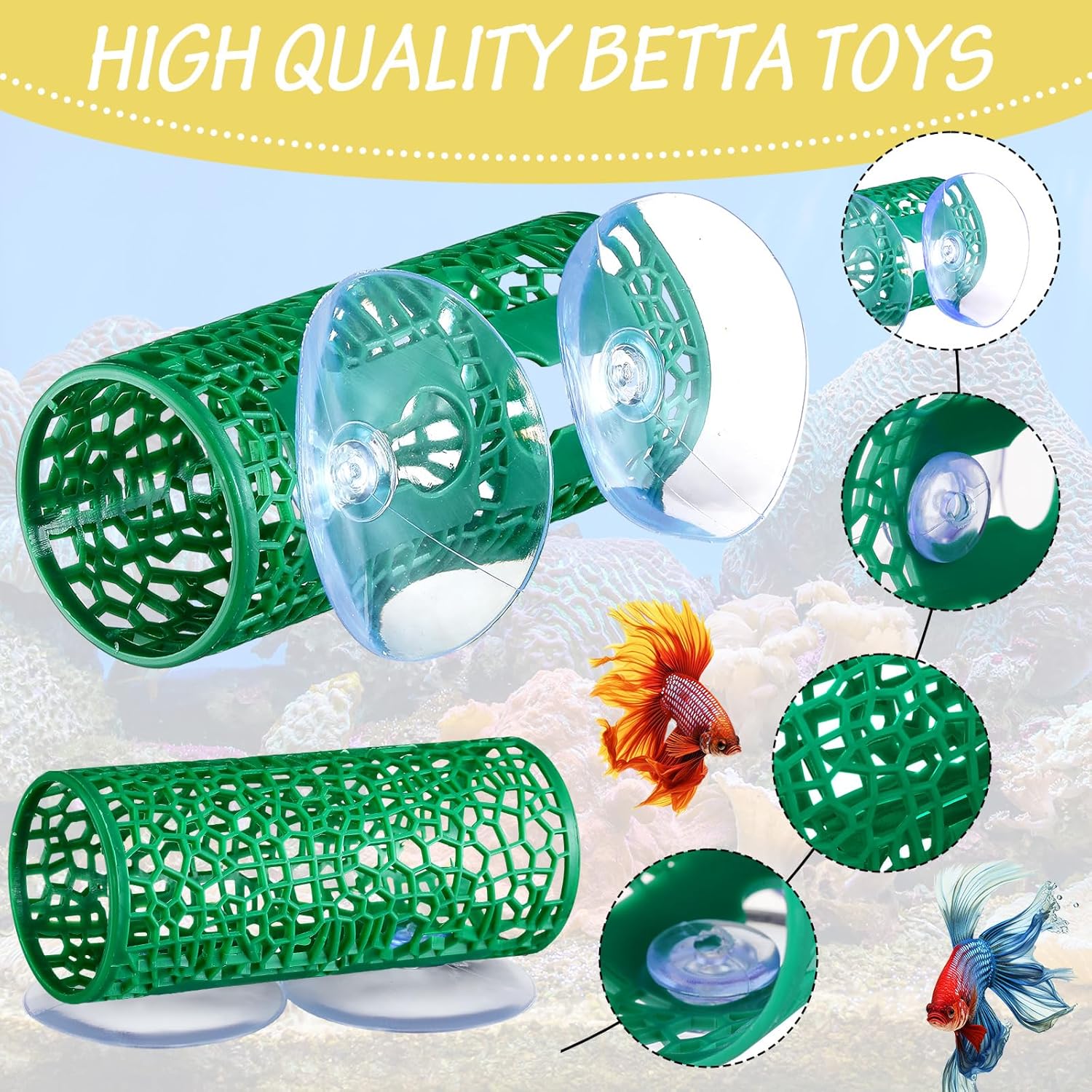 Honeydak 2 Pcs Betta Fish Tank Accessories Betta Tunnel Fish Toys Safe Hollow Hammock Cave Aquarium Decor with Suction Cups for Small Shrimp Reptile Guppies(Green,Hideout Tube)
