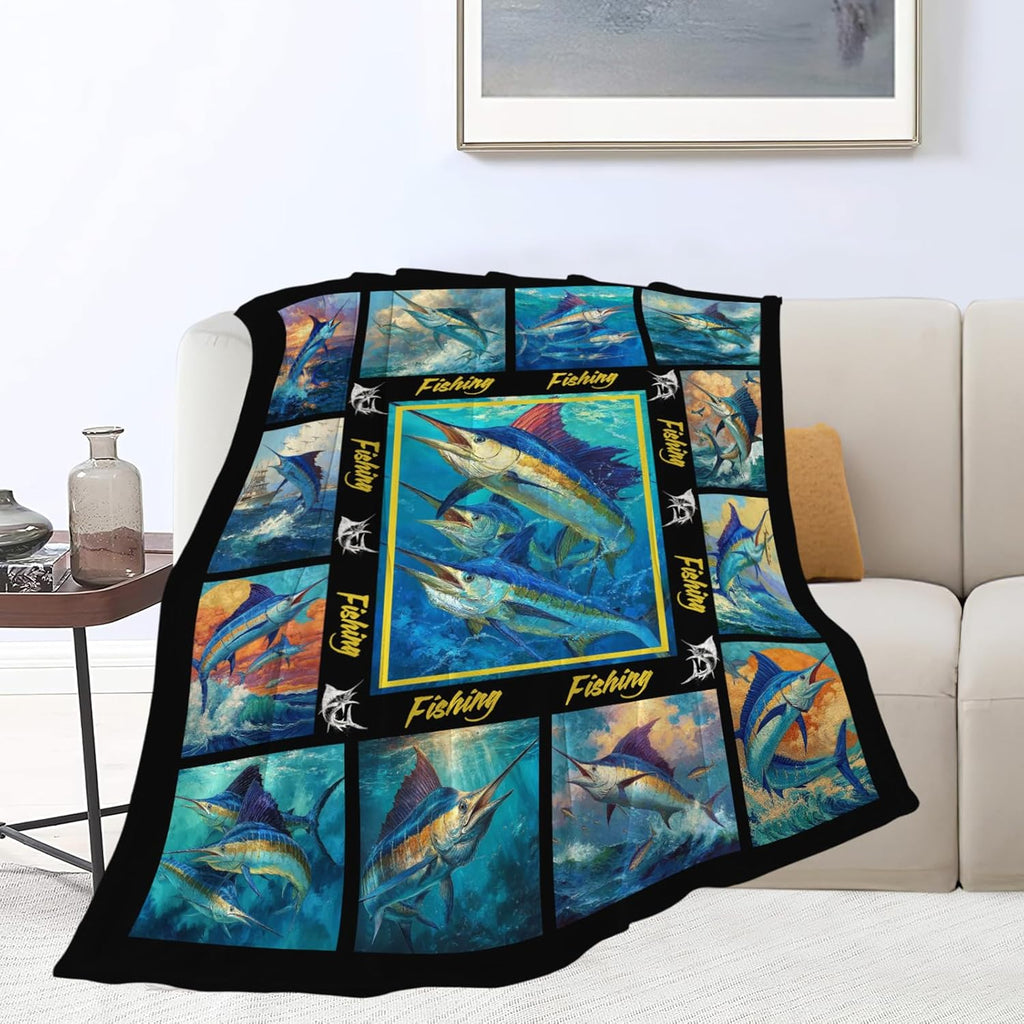 Fish Throw Blanket Fishing Marlin Stuff Gifts for Kids Girls Boys Adults Women Men Soft Cozy Warm Plush Fluffy Fuzzy Fleece Blanket Decor 40''X50''