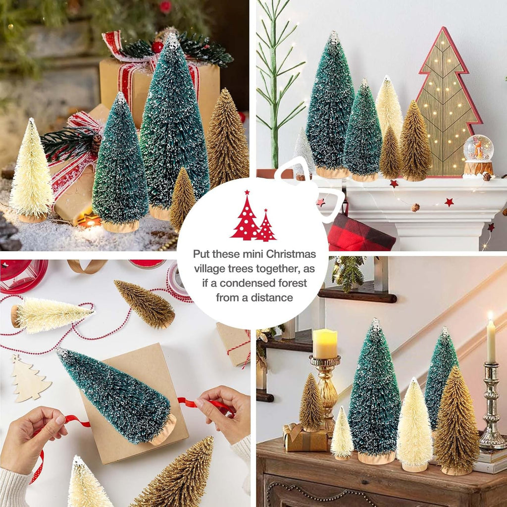 9Pcs Mini Christmas Trees Christmas Decor Artificial Christmas Decorations with 4 Sizes, Christmas Tree Bottle Brush Trees Christmas Table Decorations (Dark Green Golden Beige)