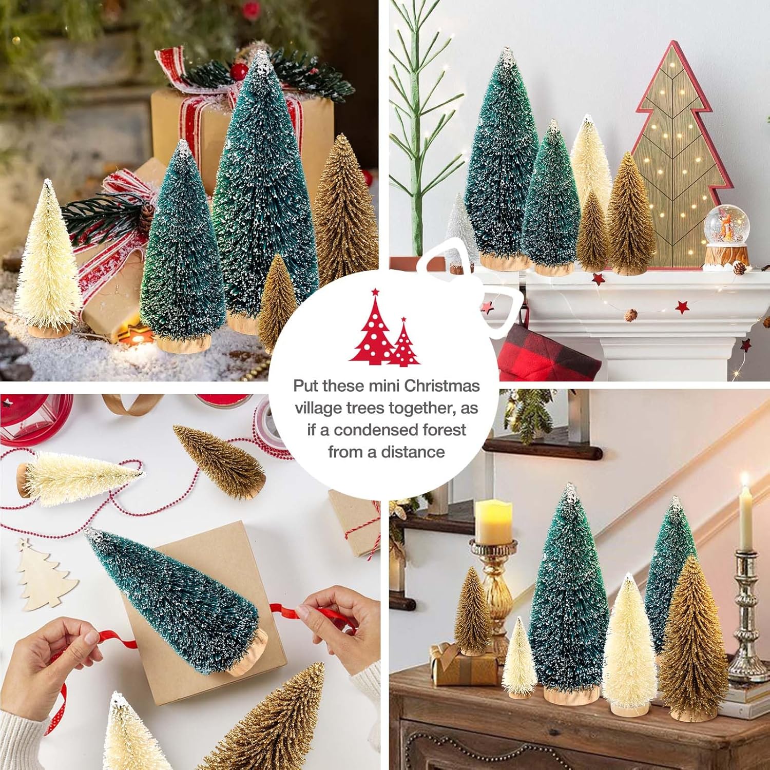 9Pcs Mini Christmas Trees Christmas Decor Artificial Christmas Decorations with 4 Sizes, Christmas Tree Bottle Brush Trees Christmas Table Decorations (Dark Green Golden Beige)