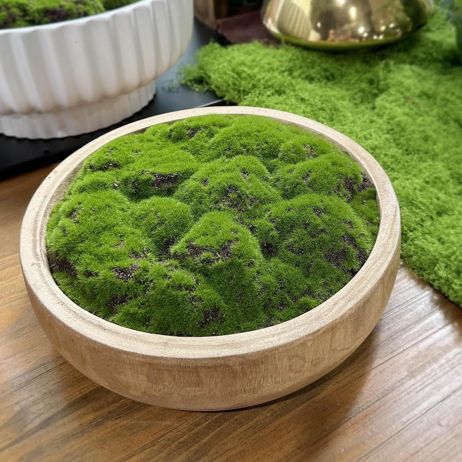 NAHARO Moss Wood Bowl, Natural Round Decorative Dough Bowl, Artificial Moss Centerpiece for Wedding Table, Home Decoration, Living Room, Office, No Maintenance