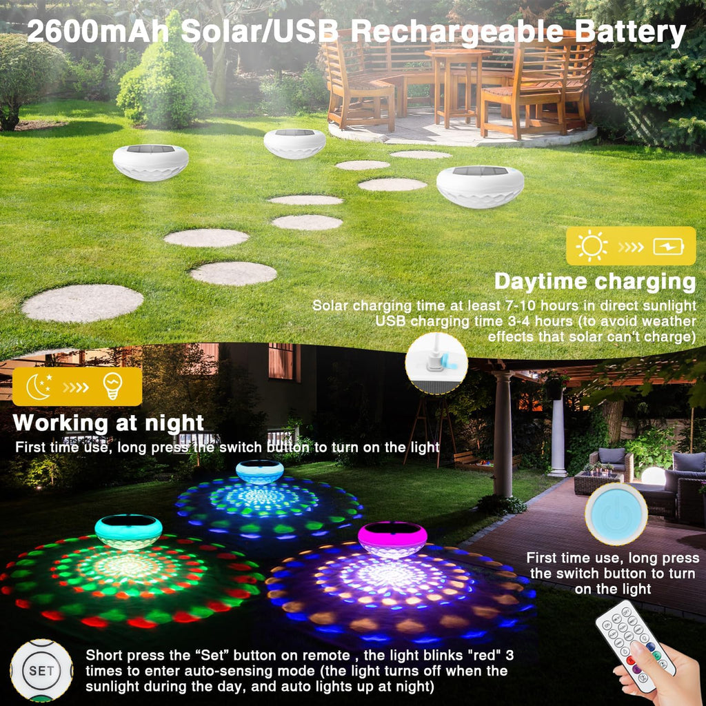 2-in-1 Solar Powered USB Rechargeable Floating Pool Lights, 6.69 Inch IP68 Waterproof 2600mAh Pool Lights 6 Dynamic Modes with Remote Upper and Lower Glow Hangable for Backyard Pond 4 PCS